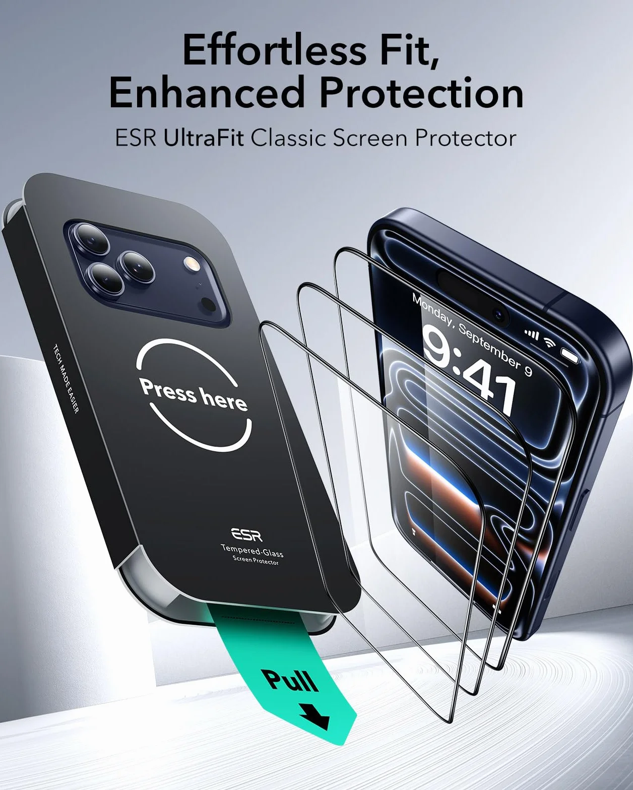ESR Pack 3 Protectores Pantalla para iPhone 17 Pro Max, Grado Militar, No Astilla, Dureza 9H, Cristal Templado, Cobertura total, Bandeja UltraFit