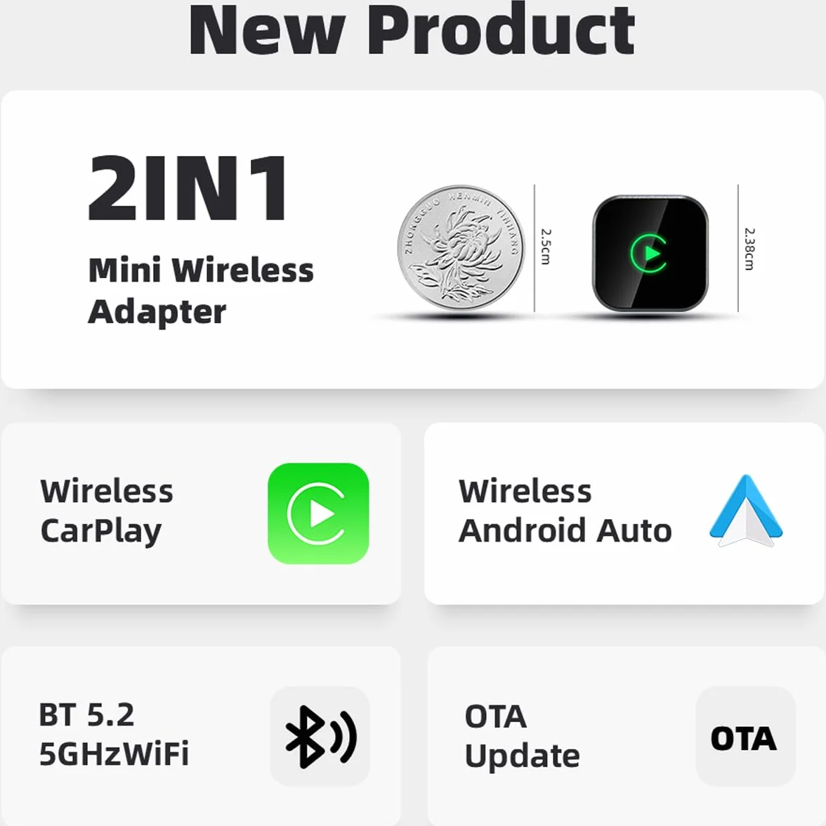 Adaptador inalámbrico CarPlay USB 2 en 1 para iPhone Android Auto, conexión automática WiFi 5.8 GHz
