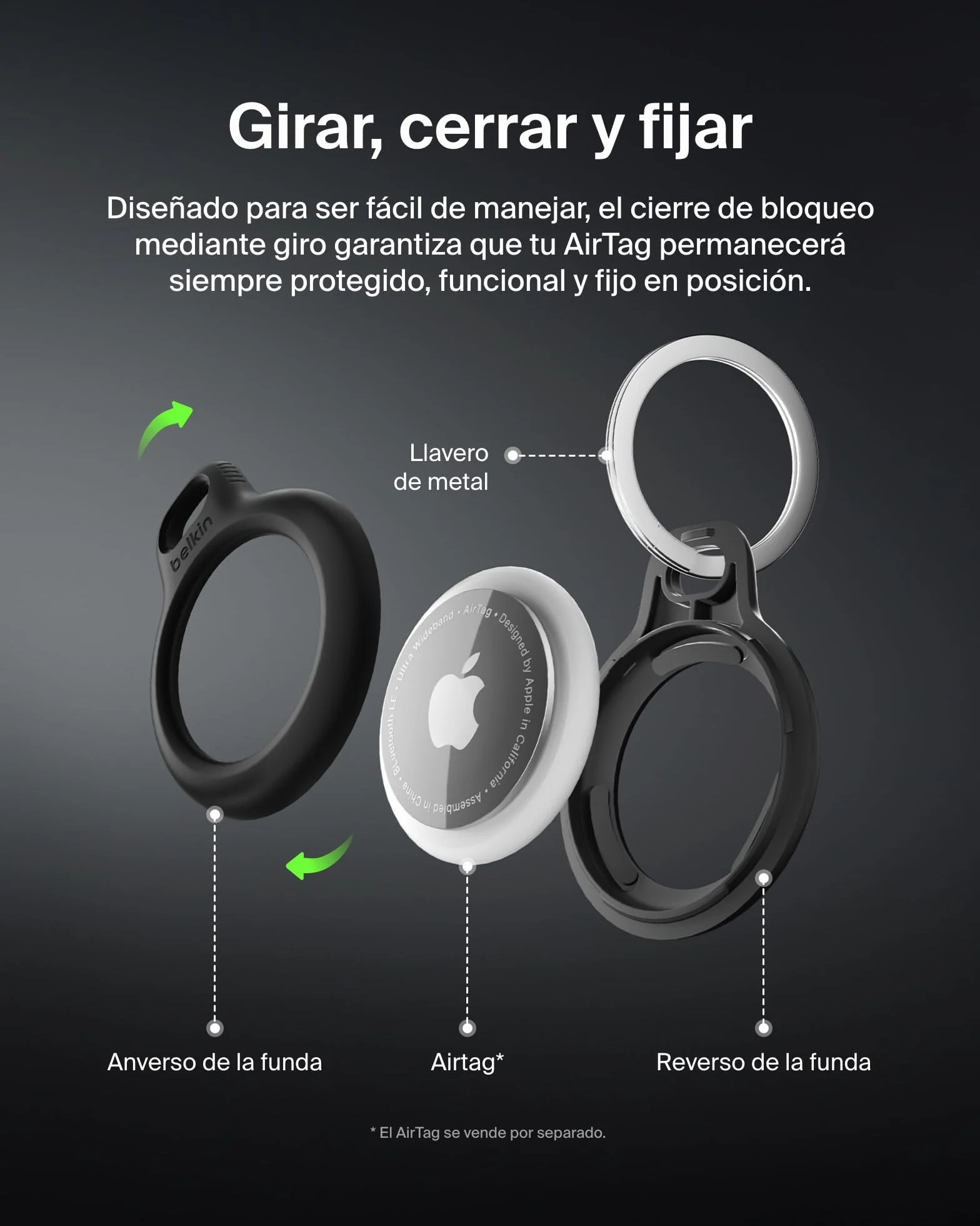 Belkin Llavero AirTag, Funda AirTag Resistente a los Arañazos con Frontal Abierto, Bordes Elevados, Cobertura, Cubierta, Localizador de Llaves, Mascotas, Maletas, Equipaje, Mochila y Otros, Negro