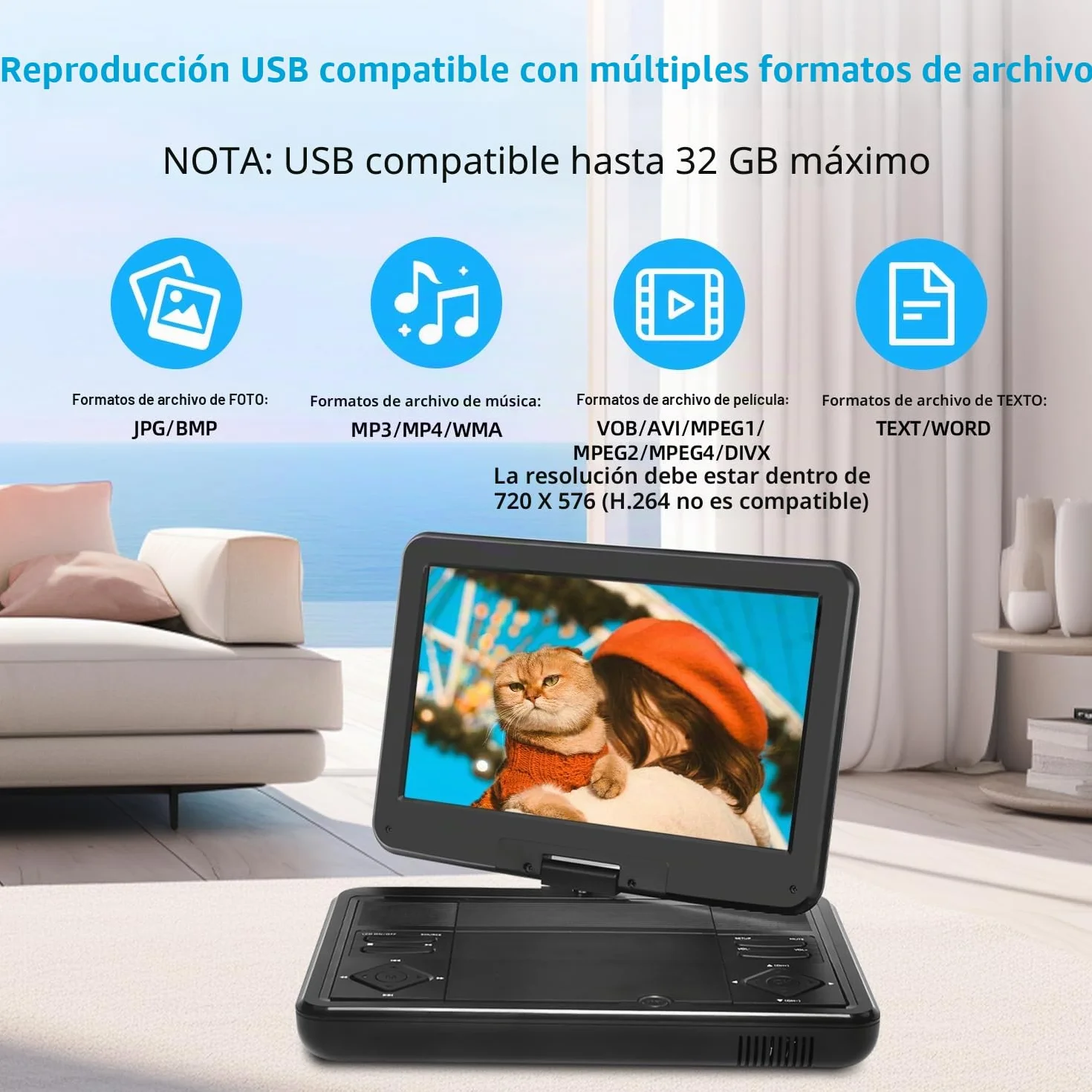 KCR Reproductor de DVD portátil 10.1" con TV DVB-T2 integrada, Pantalla LED giratoria, USB/HDMI/AV, batería recargable