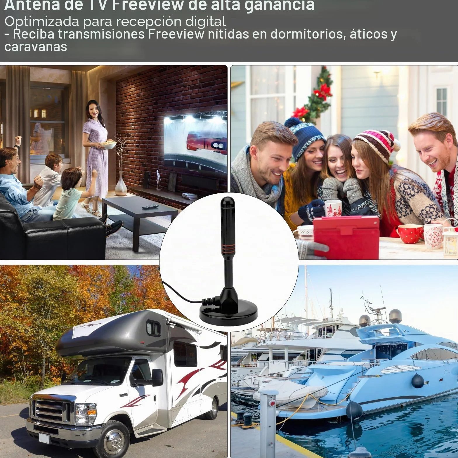Antena DVB-T2 Interior 360° 5m Cable 4K HD