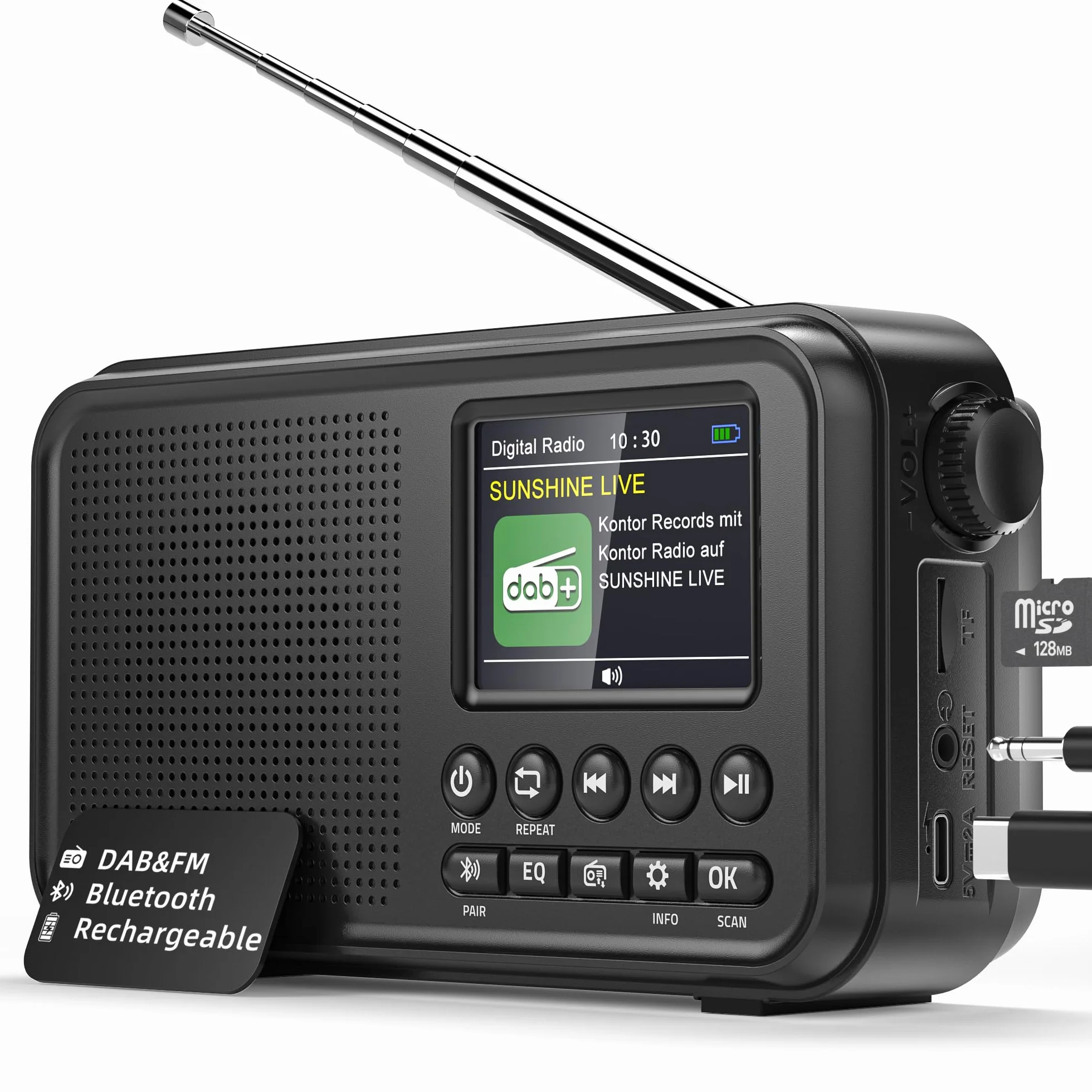 Mesqool Radio Digital Dab&FM con Bluetooth, Batería Recargable de 3000mAh, Compatibilidad con Tarjetas TF de 64GB, Carga Tipo C, Toma de Auriculares, 40 Presintonías FM & 40 Dab, Doble Alarma