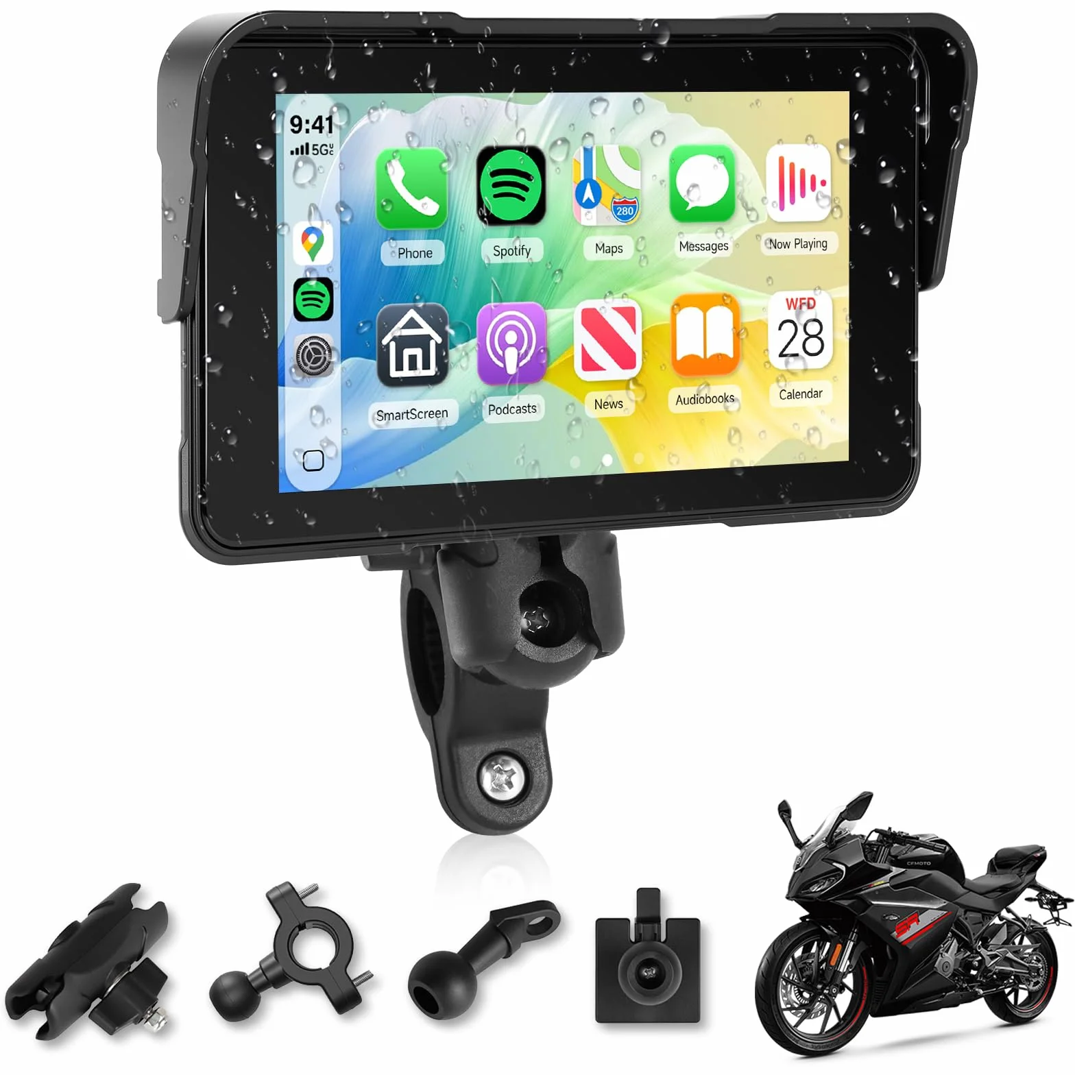 Rimoody Navegador Moto 5 Pulgadas con CarPlay y Android Auto Inalámbrico - GPS para Moto Impermeable IP68, Pantalla Táctil 5'', Montaje Universal, Detección de Presión de Neumáticos 12 V