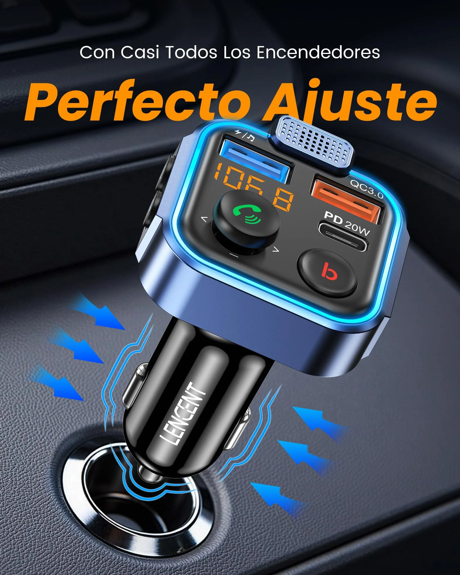 LENCENT Transmisor FM Bluetooth 5.3 Manos Libres Adaptador Radio Coche Carga Rápida 20W USB Tipo C