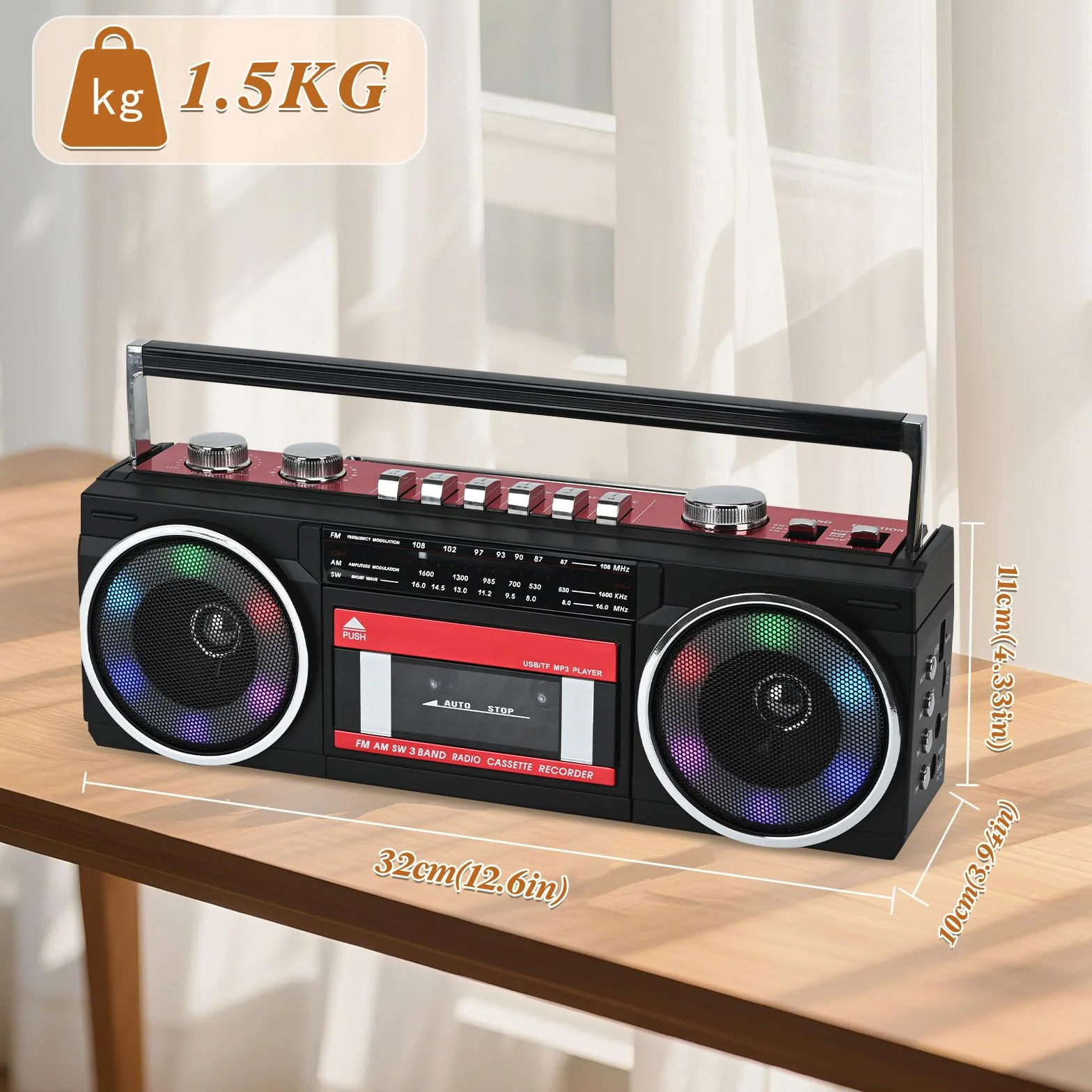 Reproductor de Casete portátil Boombox, Radio estéreo Am/FM/SW, Reproductor de Casete, grabadora de MP3, Bluetooth, USB, Luces RGB, Tarjeta TF (Rojo)