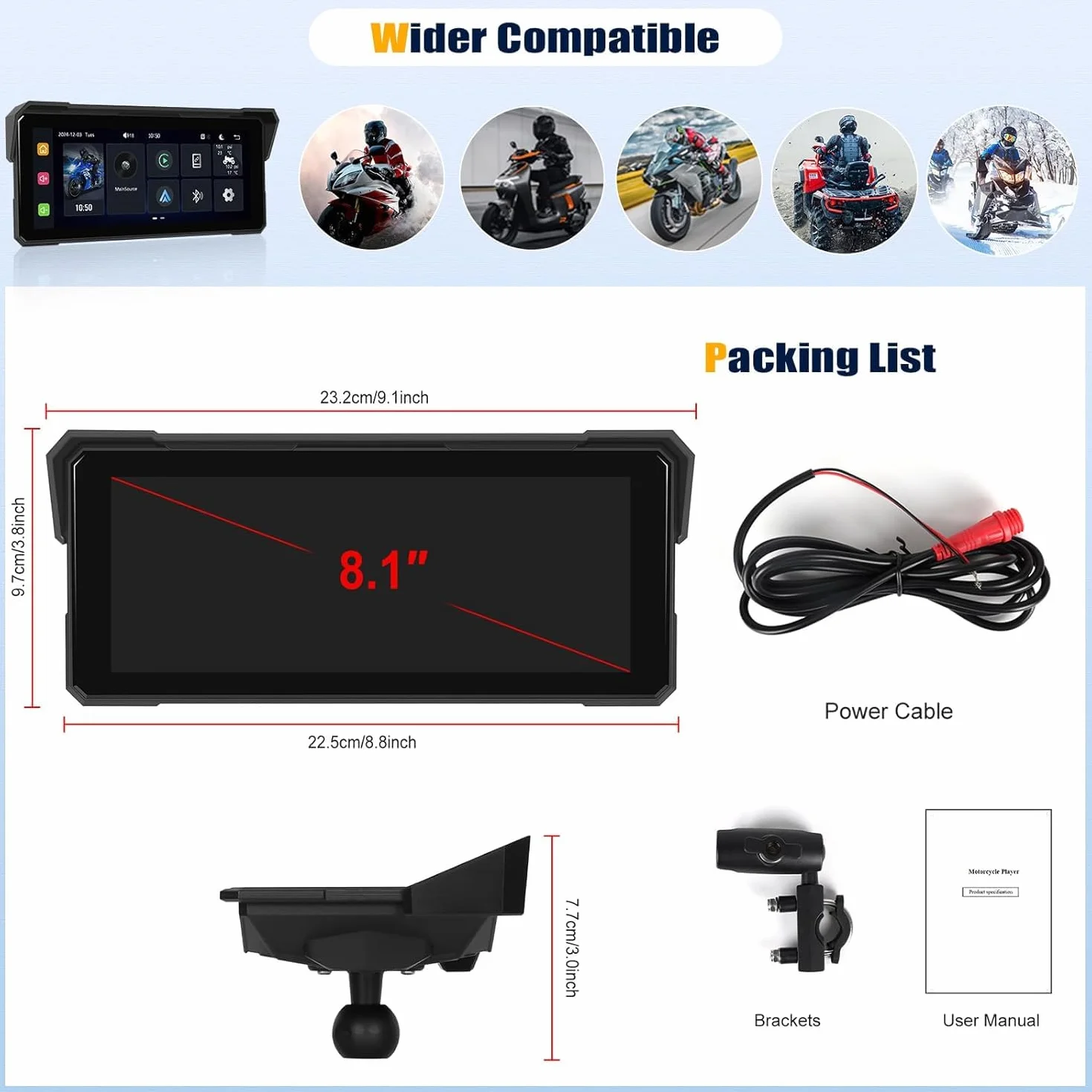 SIXTOP CarPlay Moto con CarPlay y Android Auto Inalámbricos, Pantalla Táctil Impermeable de 8,1 Pulgadas,IP68 Waterproof, Audio Bluetooth, Navegación GPS Moto con Ecualizador, Siri