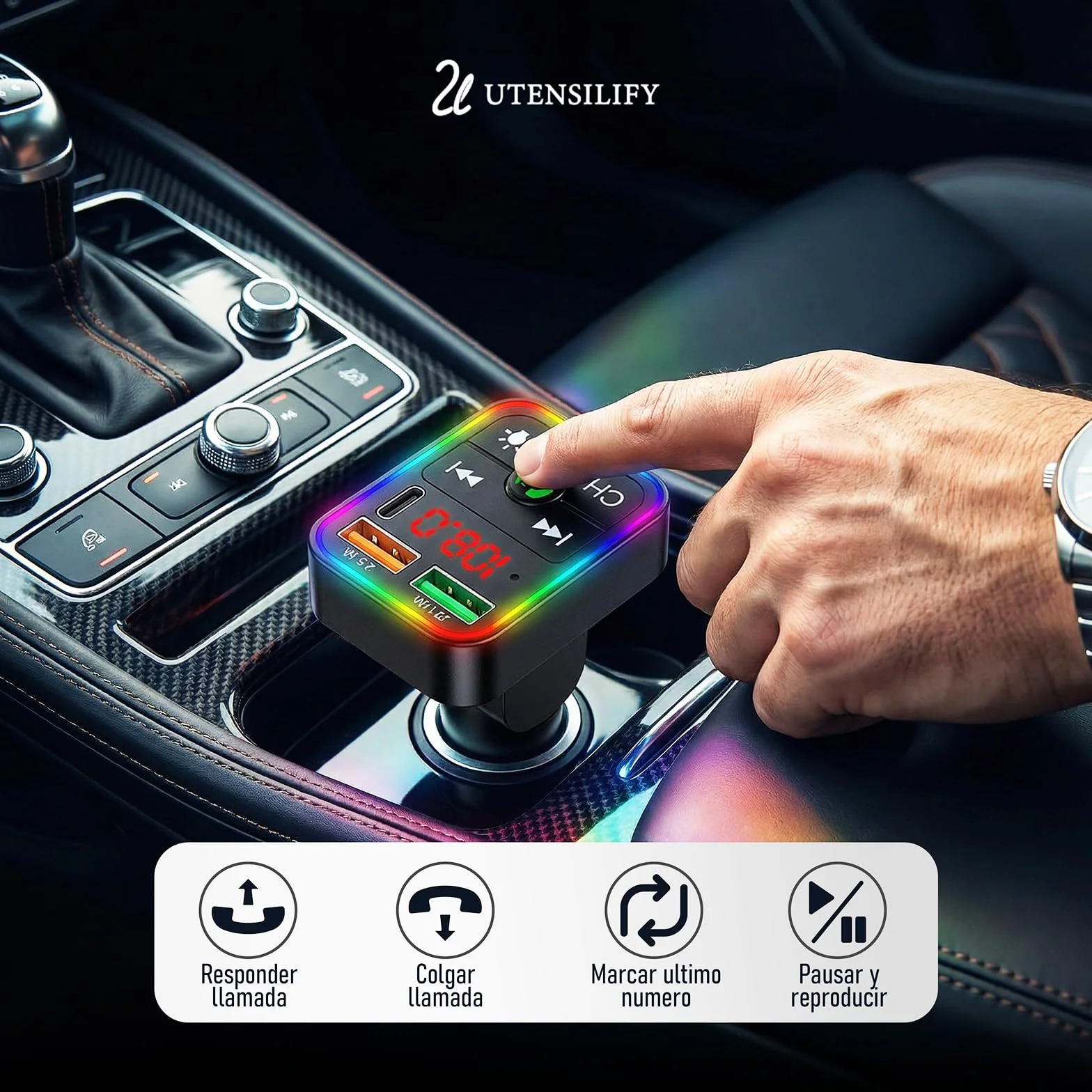 UTENSILIFY® Transmisor FM Bluetooth Coche Premium 5.3 Manos Libres Cargador Rápido