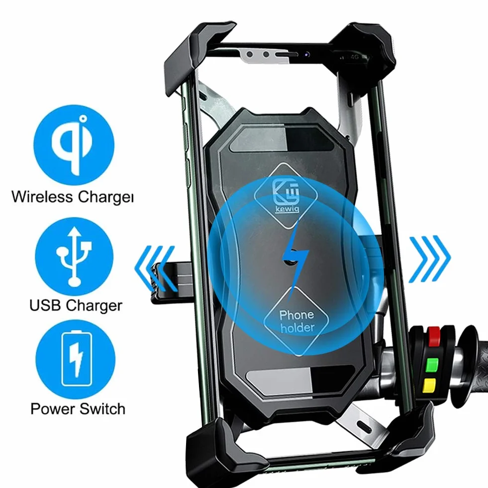 Jeebel Soporte para Teléfono de Motocicleta, 2 en 1 QI Inalámbrico QC 3.0 USB con Rotación 360° Ajustable para 4-7 Pulgadas