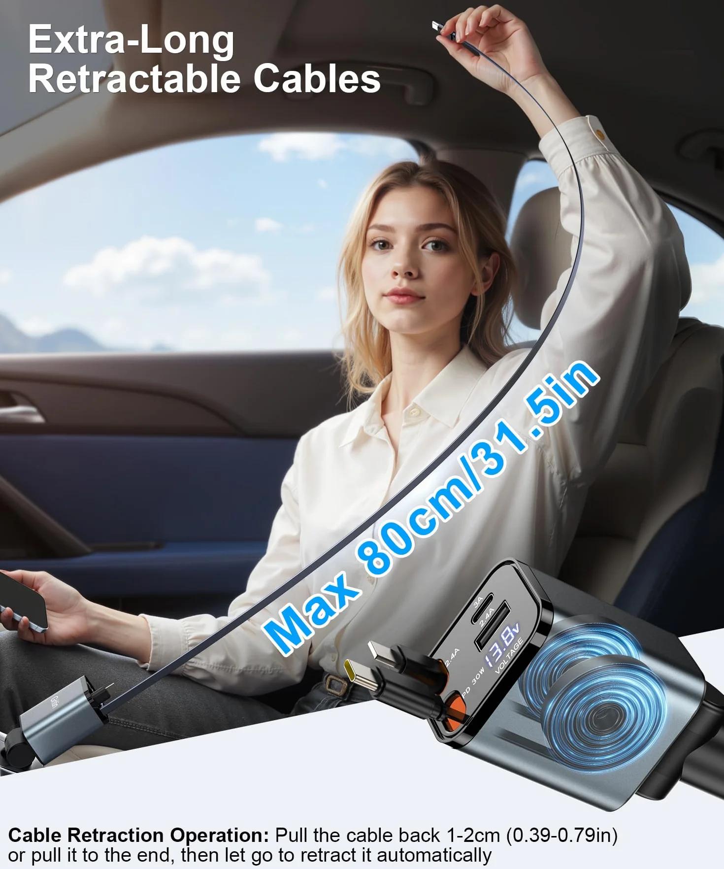 Gritin Cargador Coche 69W PD 3.0 Adaptador Mechero Rápido 4 en 1 80cm Cable Retráctil 2 Puertos USB