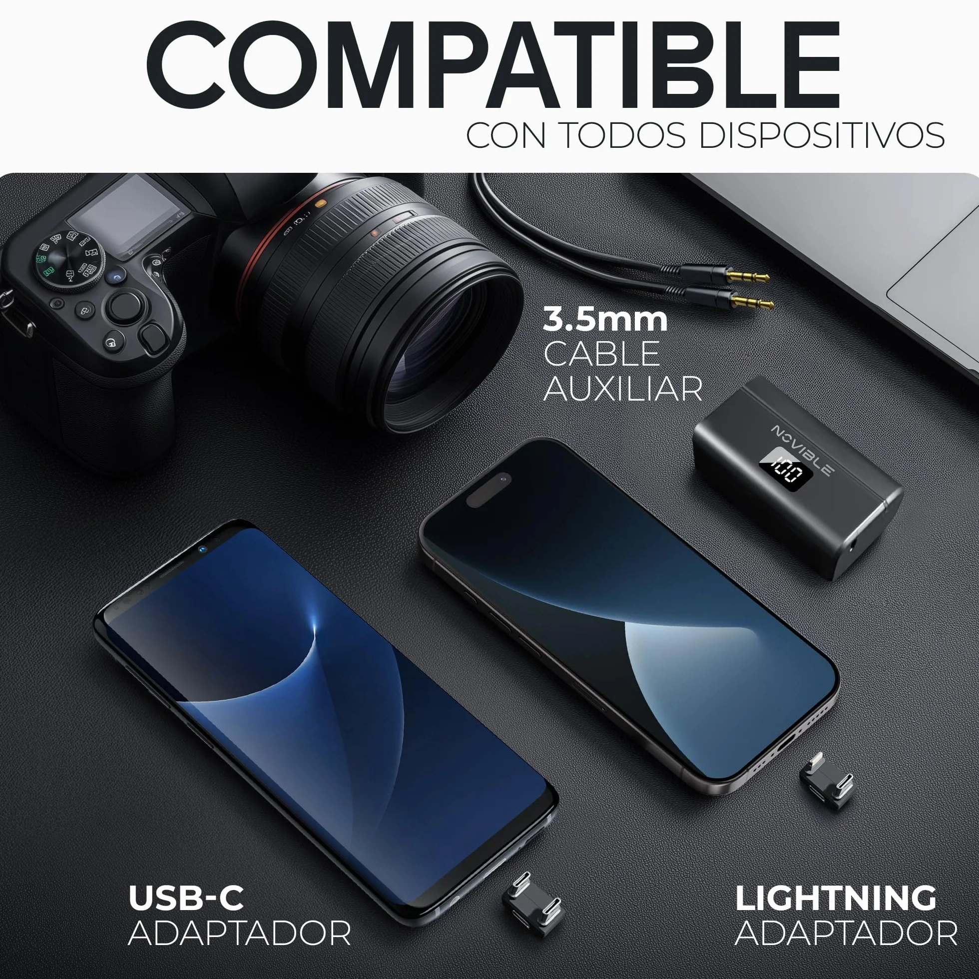 Micrófono Inalámbrico para iPhone, Android USB-C y Cámara, Micro de Solapa para 2 Personas y Móvil, Mini Micrófono 48 kHz/24 bits, Estuche de Carga 25 h, Reducción de Ruido, Adaptadores, Vlog YouTube