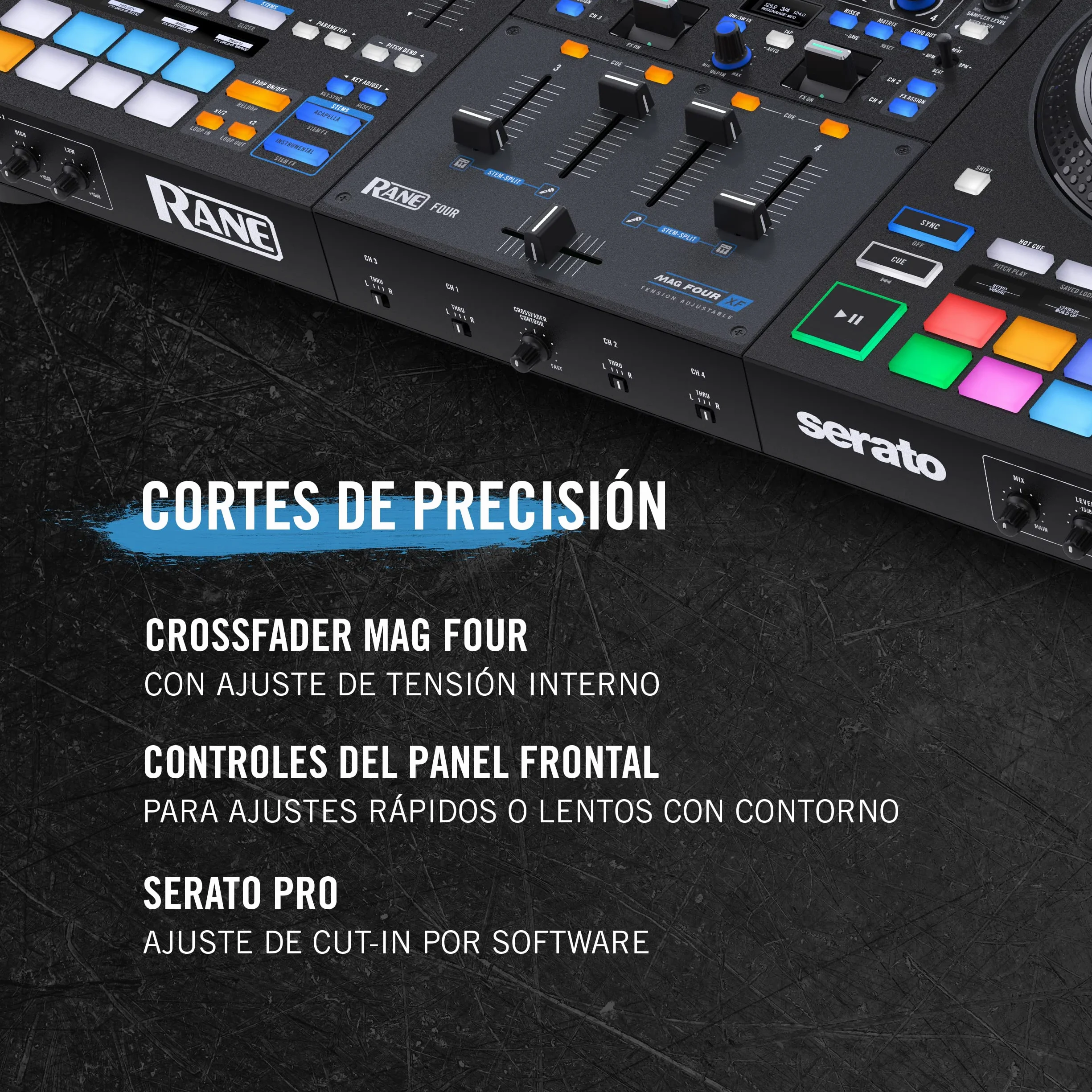 RANE FOUR Controlador DJ Stems Avanzado, 4 Canales, Jog Wheels de 8.5 Pugadas + Displays, Mezclador DJ con FX Internos, Serato DJ Pro + Pitch 'n Time DJ