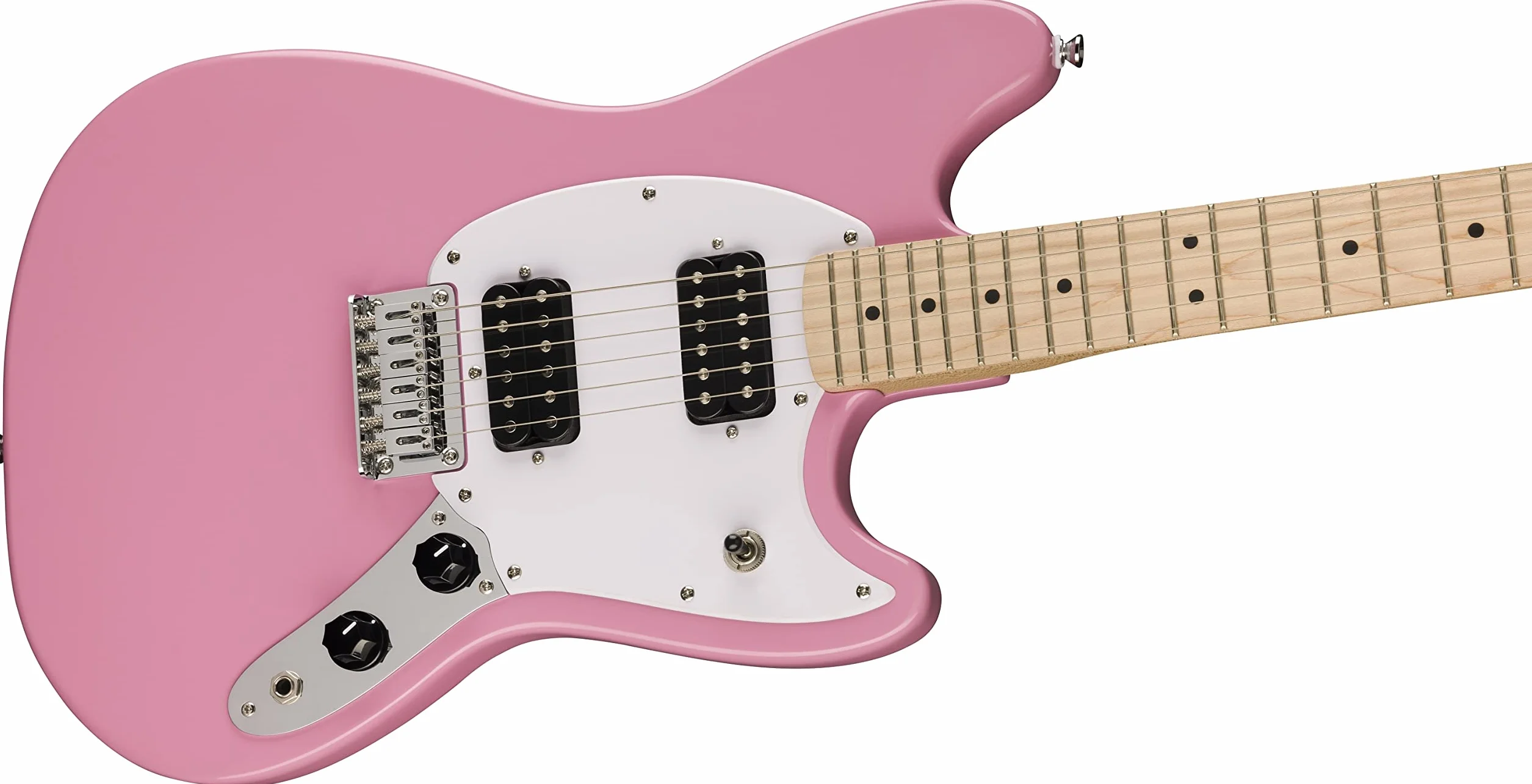 Squier by Fender - Guitarra eléctrica Mustang HH, diapasón de arce, golpeador blanco, rosa flash, Incluye cursos virtuales gratuitos en Fender Play