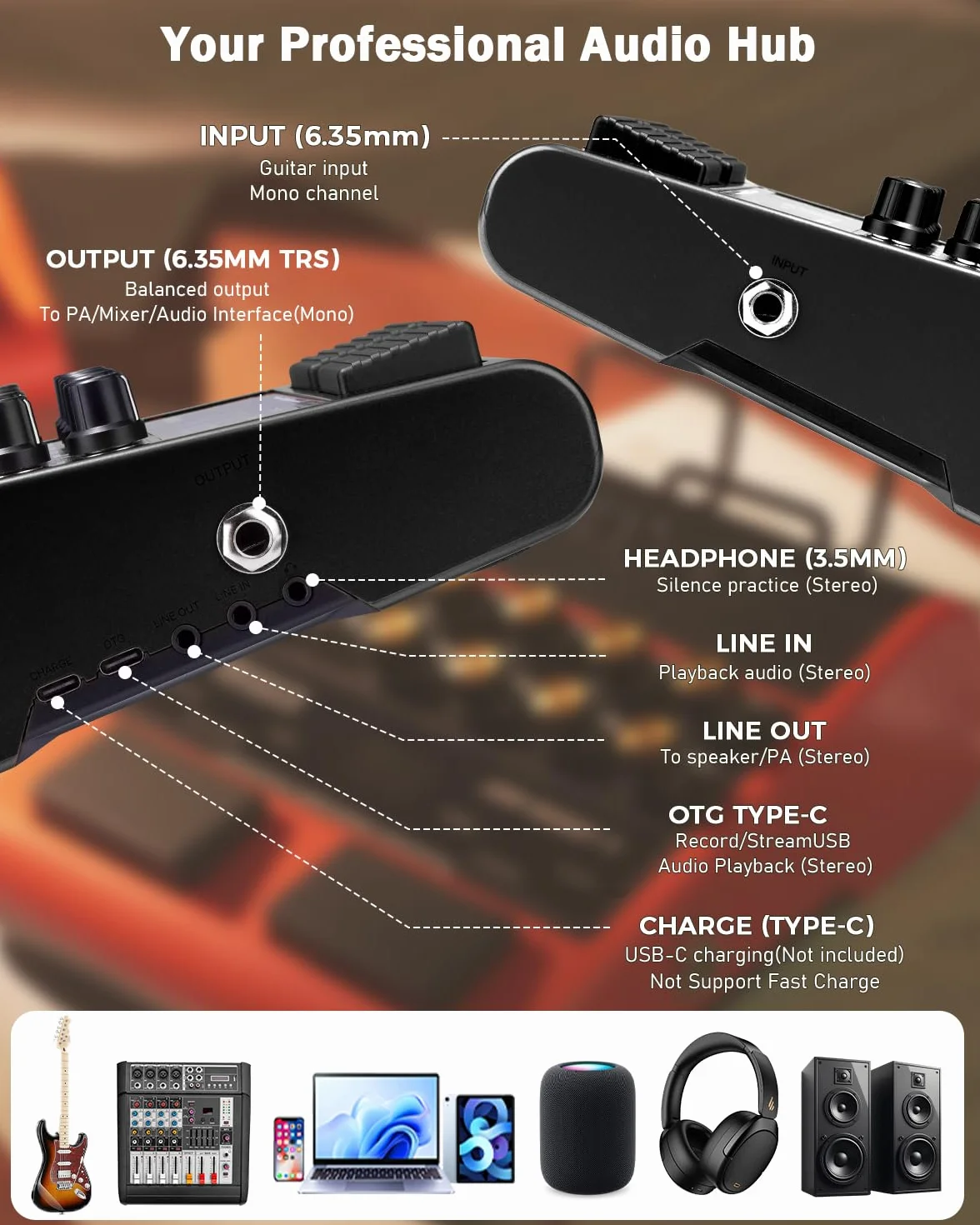 JOYO Amplificador Combo de Guitarra, 10 W, portátil, con pedal de efectos múltiple – 14 modelos de amplificación, ecualizador de 3 bandas, 36 ritmos y looper, grabación OTG, Bluetooth (Jam Buddy II