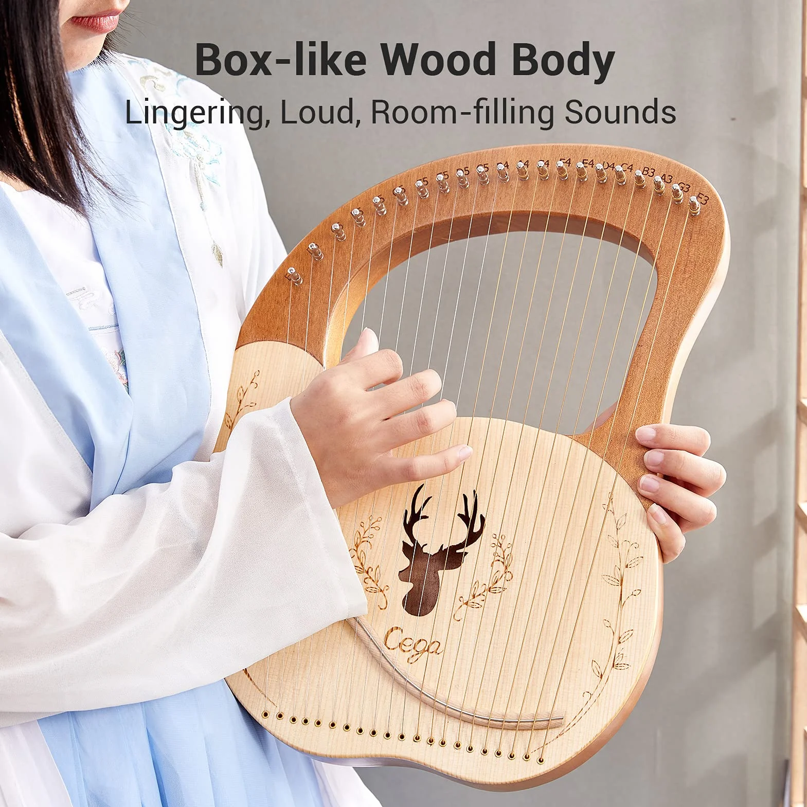 HUIOP lira,Cega 21 cuerdas de metal Lyre Harp Box Lyre Harp Spruce Topboard Tablero de caoba Instrumento de cuerda con llave de afinación Cuerdas Picks Music Note Sticker,arpa lira con llave de afinac