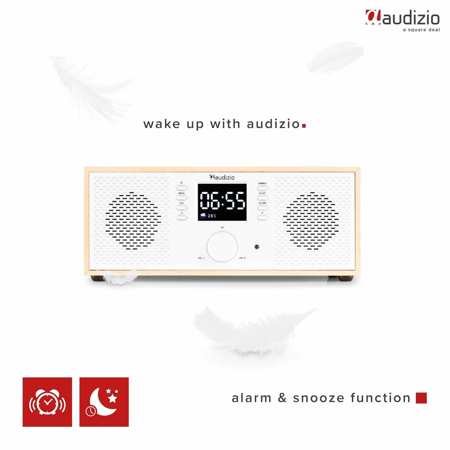 Audizio Rimini - Radio por Internet WiFi con Bluetooth y Spotify Connect, Sonido estéreo de 50W, Salida de Auriculares, Entrada AUX, Ideal para Cocina, salón o Oficina, Acabado Madera Clara y Blanco