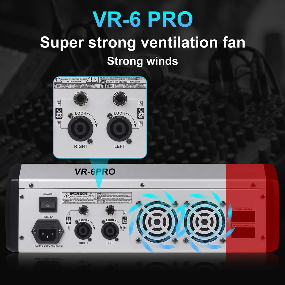 Mezclador de audio VR-6 PRO, 550W x 2 amplificador de salida de alta potencia, 99 efectos DSP, consola de DJ de audio bluetooth, pantalla de espectro de pantalla grande, sintonizador de DJ con