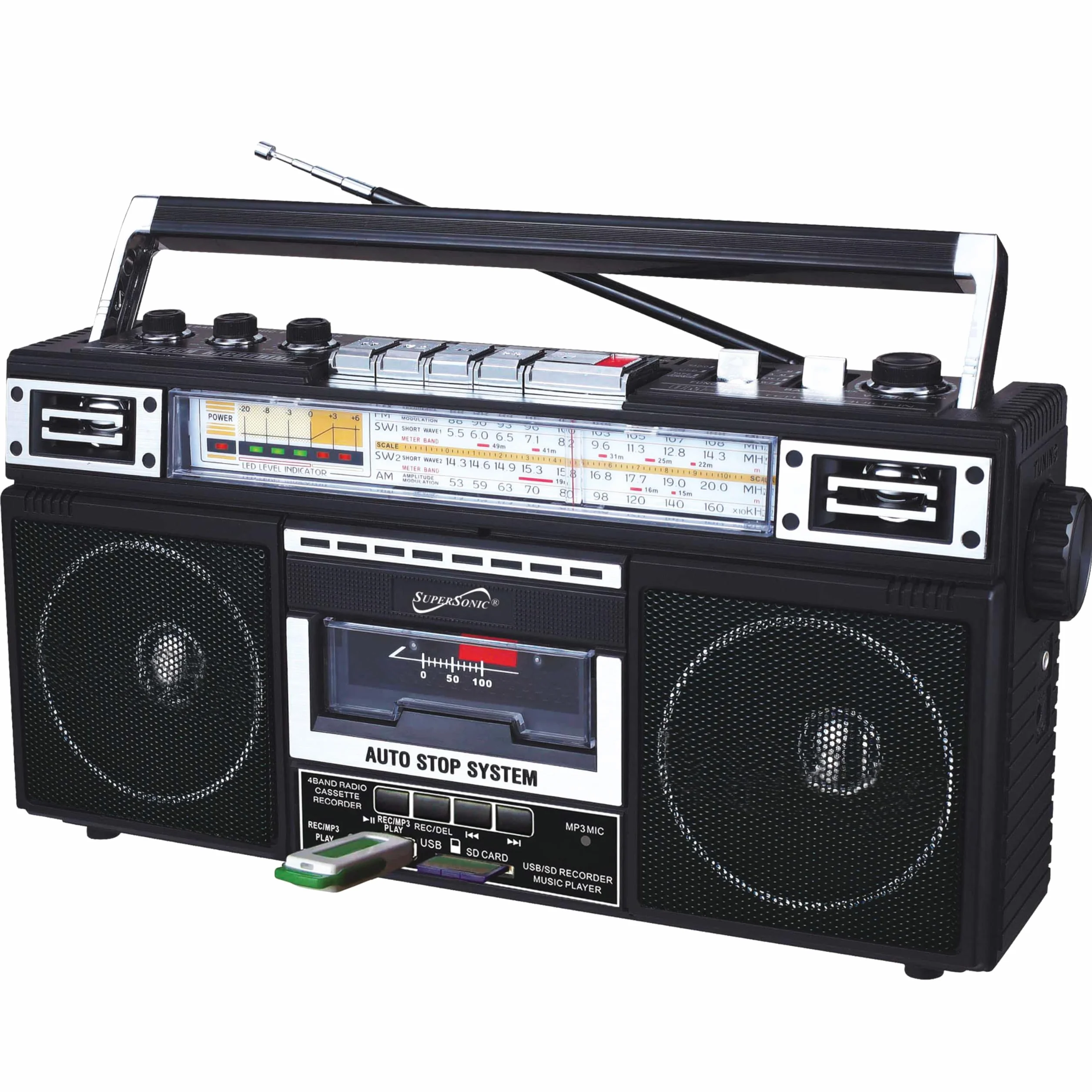 Supersonic SC-3201BT - Radio de 4 Bandas y Reproductor de Casete Boombox, Altavoz Bluetooth, Radio Am/FM/SW con reproducción de MP3, USB y Tarjeta SD, Ecualizador de 3 Bandas y Conector para