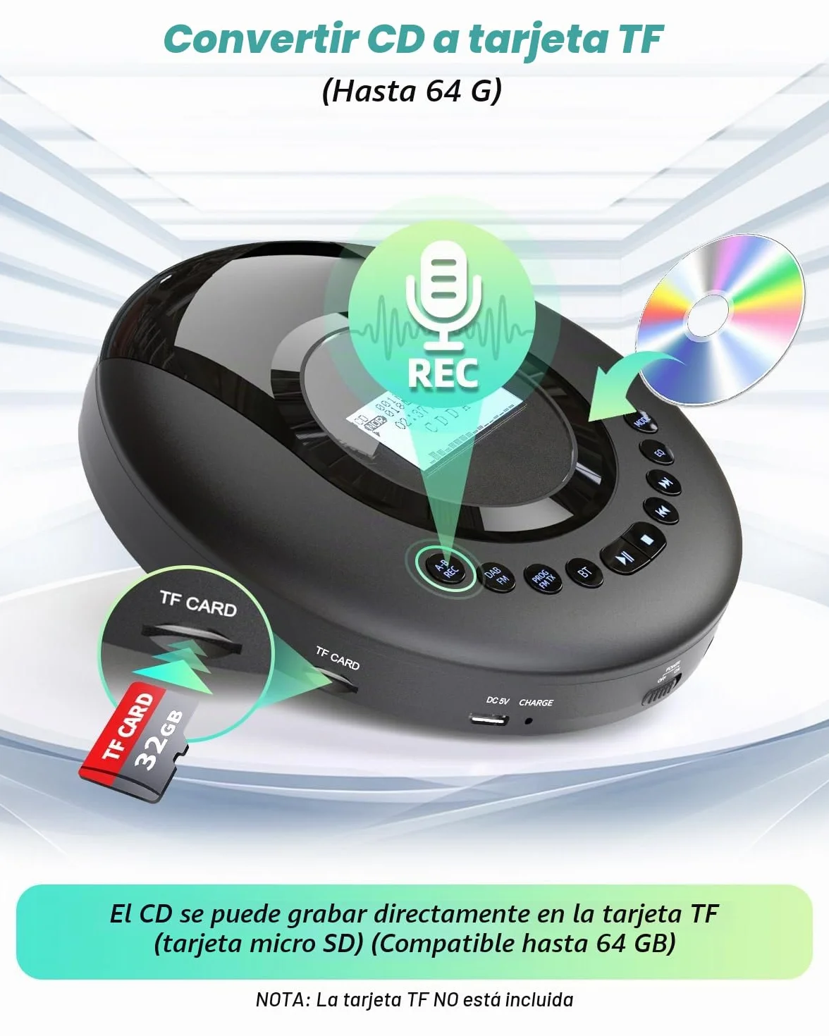 Reproductor de CD portátil con Bluetooth, Radio DAB+/FM, Discman, CD-R/RW, Batería 2000 mAh, Negro
