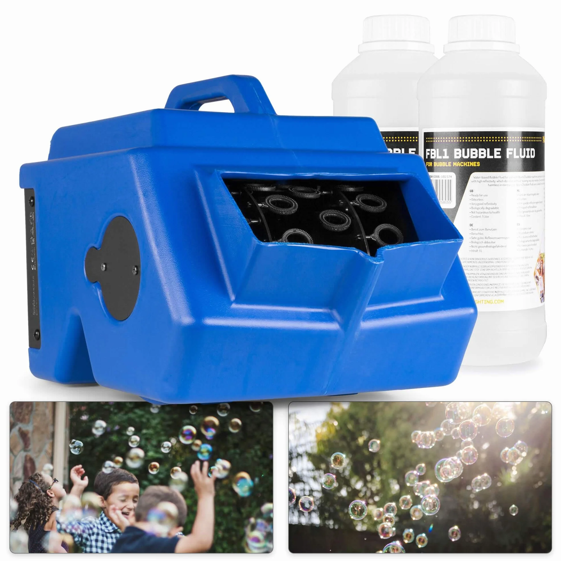 BeamZ B1500 máquina de burbujas profesional con 2L de líquido incluido, doble rueda, 2 ventiladores, control remoto, depósito 2L, ideal para fiestas, eventos y espectáculos