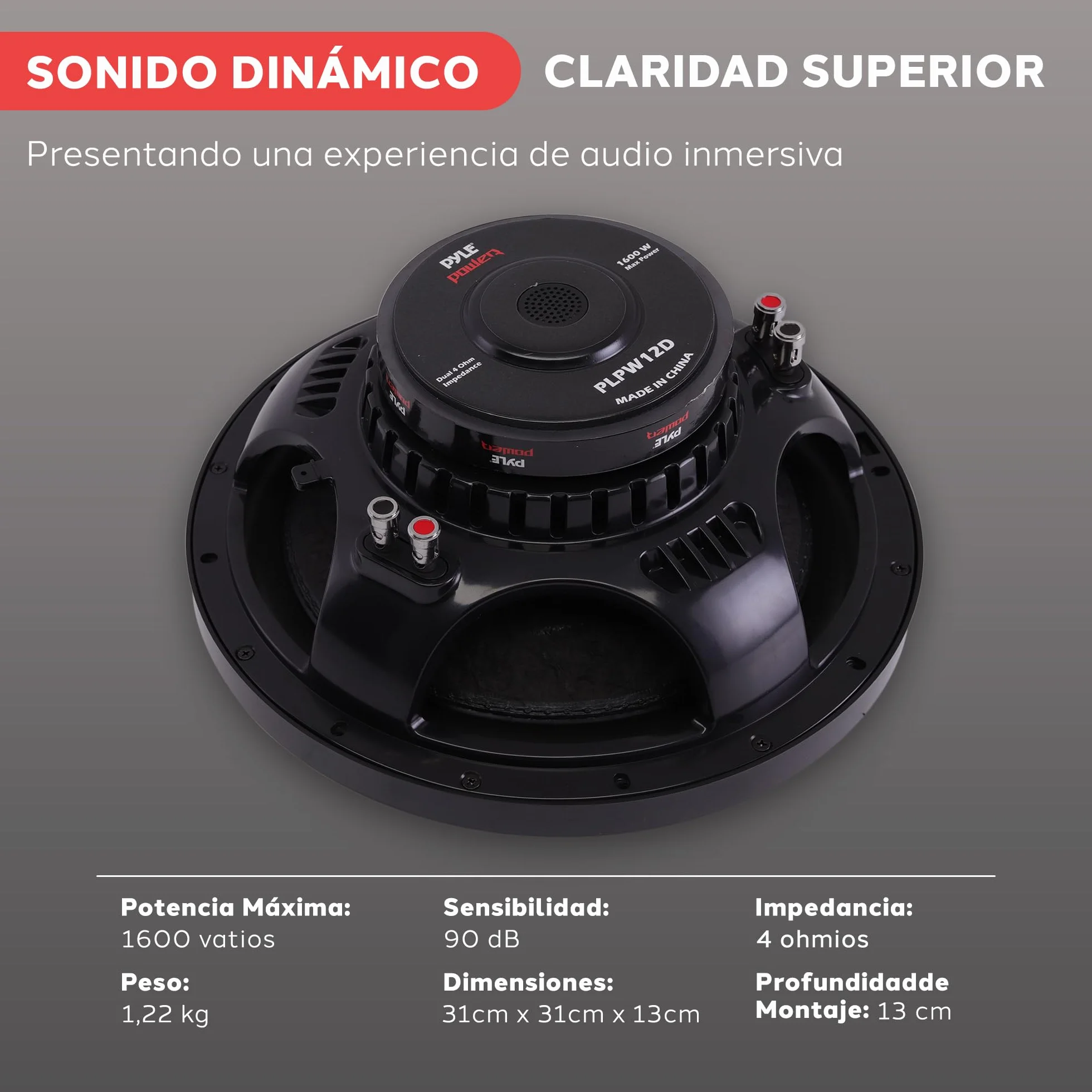 Pyle Subwoofer 12 Pulgadas 1600W 90 dB 40 Ohm Imán 60 oz Bobina Doble 2 Pulgadas Negro