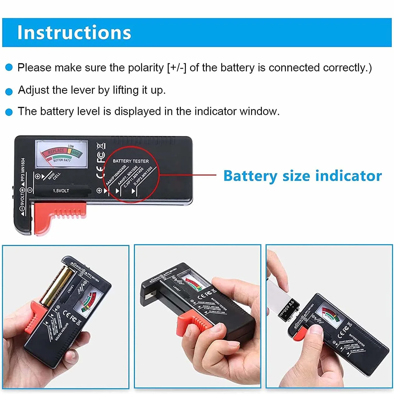 Comprobador de Pilas,Comprobador de batería doméstica,probador de batería universal,para las baterías de la célula del botón de AA AA C D 9V 1.5V
