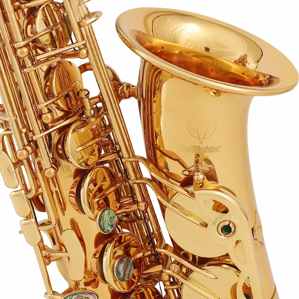 Bullfighter Saxofón alto lacado dorado de cobre con funda rígida, correa, guantes, paño de limpieza, cepillo de limpieza, boquilla de repuesto S-10 (dorado)
