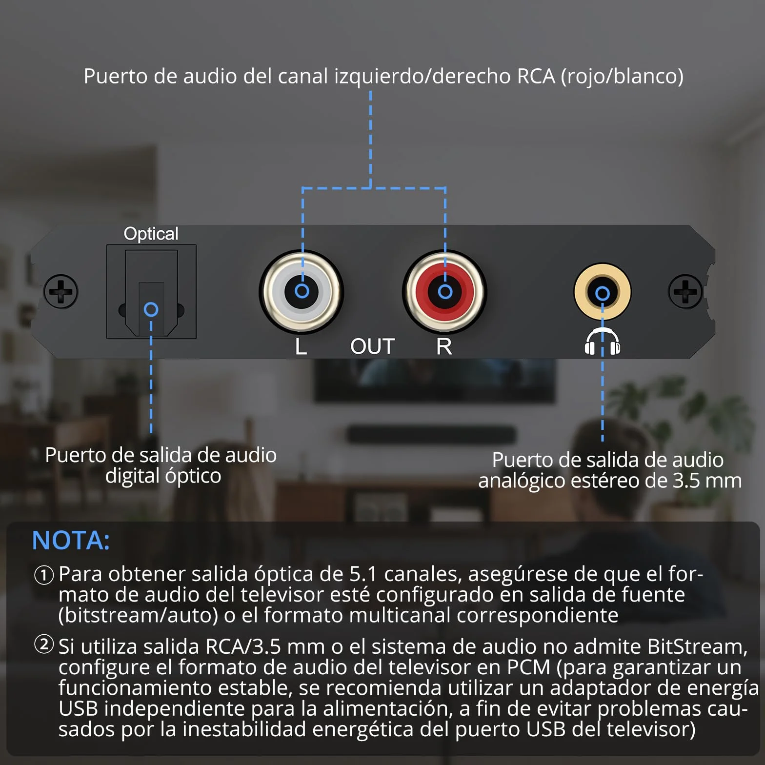 CAMWAY Extractor de Audio eARC/ARC, Adaptador eARC/ARC a Óptico+RCA+3.5m,Compatible con Sonido 5.1/2.0 Canales, con Cable Óptico y HDMI, para Sistemas de Cine en Casa/Amplificadores/Barra de sonido