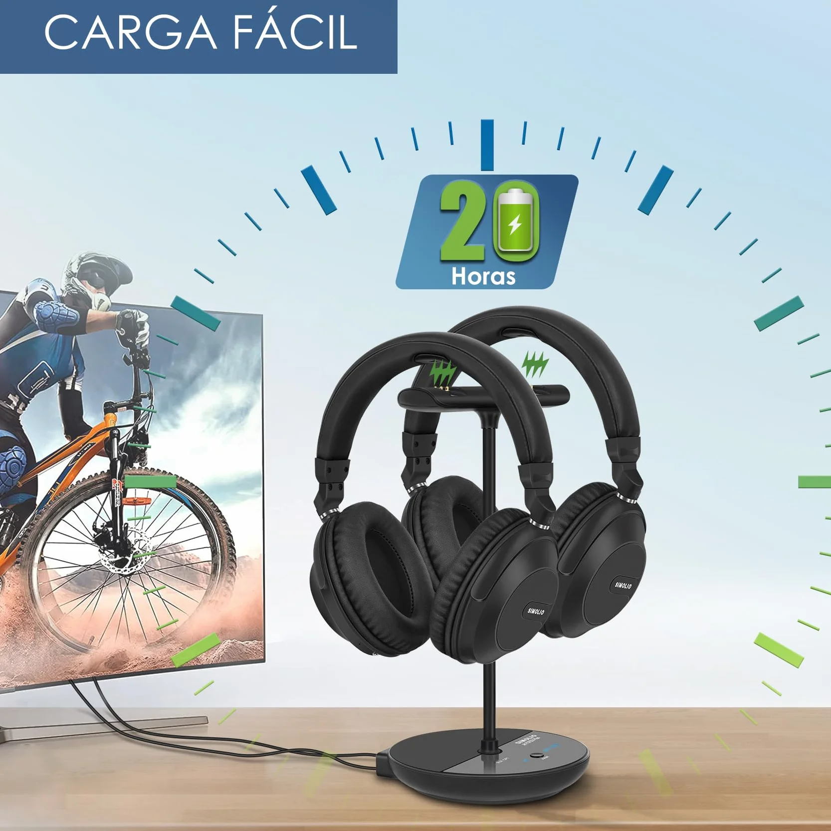 SIMOLIO Auriculares para TV con Tres Modos de Audio, Auriculares Inalámbricos Bluetooth Duales con Volumen Amplificado para Personas Mayores, Sin Retrasos, Modo TV y Bluetooth, 164 Pies/50 Metros