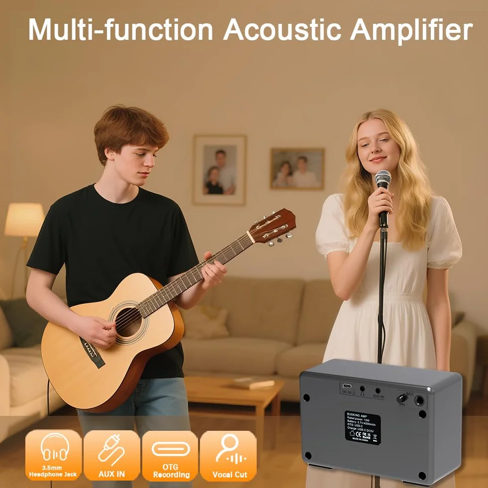 Yuer BA-10Pro - Amplificador de guitarra acústica de 10 W, amplificador portátil de voz y guitarra con retardo digital/efecto reverberación, conector para auriculares/OTG para grabación, práctica