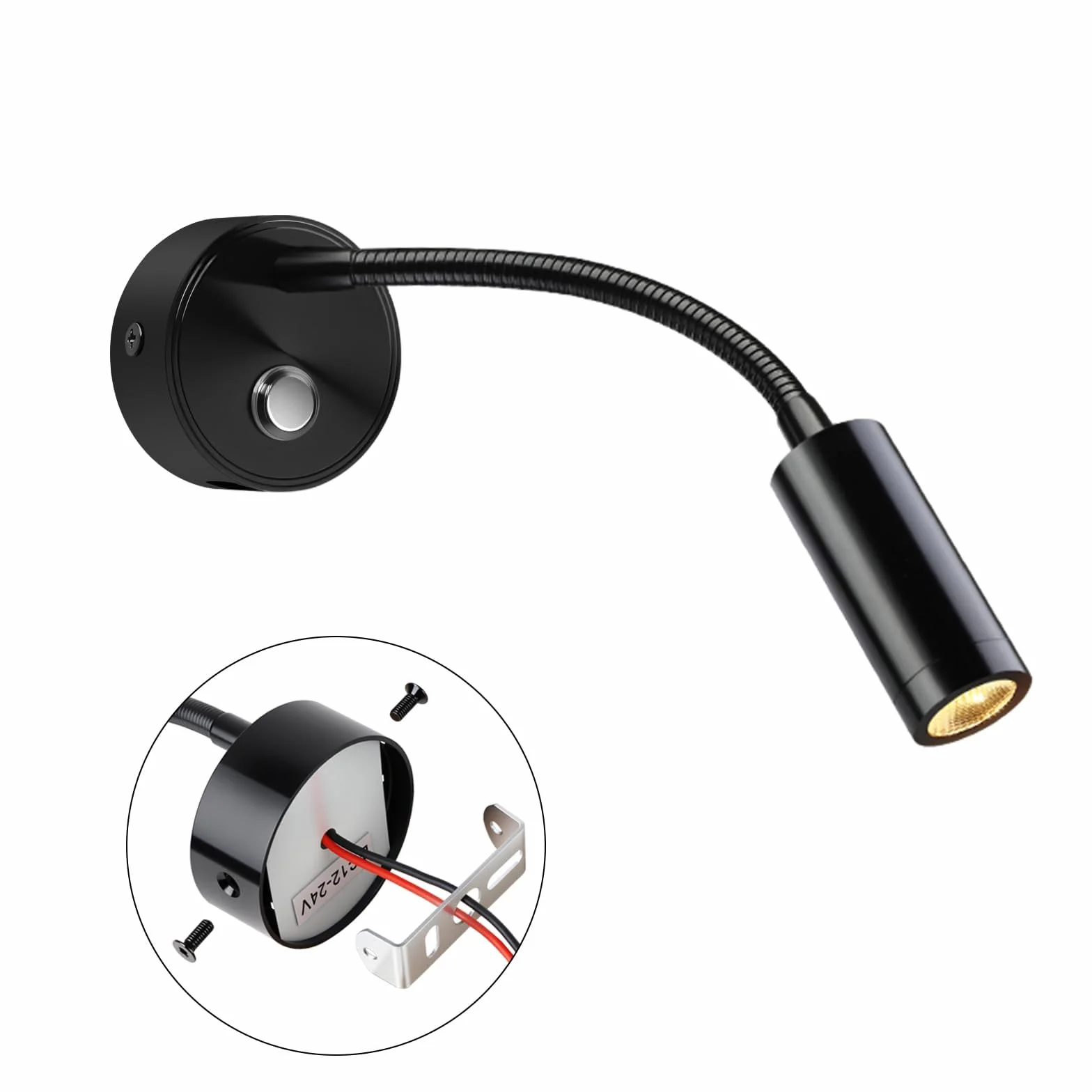 ERWEY 2pcs LED Lámpara de Lectura 12V Autocaravana, Táctil Regulable 3000K-6000K Brillo Ajustable, 360 ° Flexible Cuello de Cisne Luz de Cama Conectores USB A + C Barco Iluminación Interior, Negro