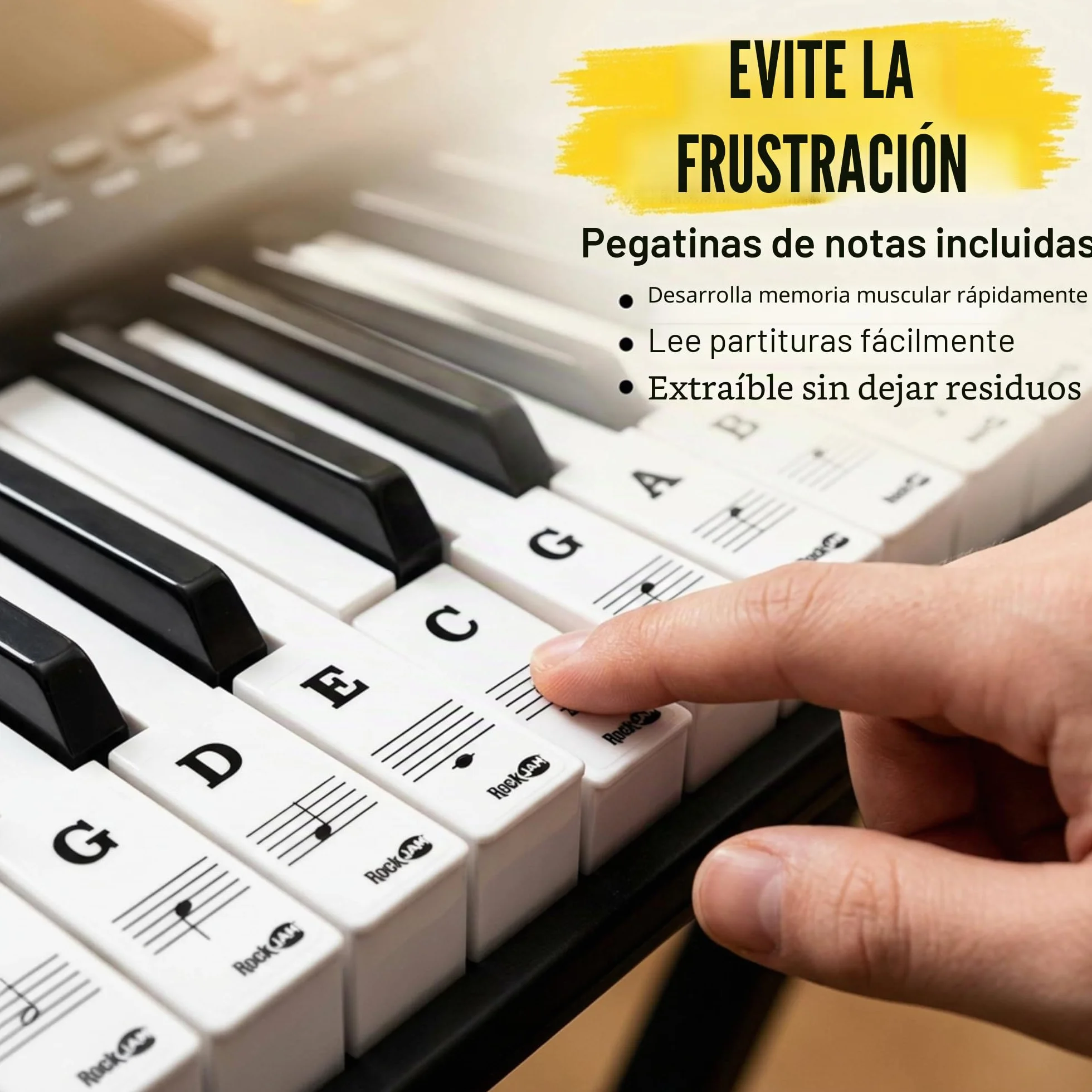 Teclado RockJam compacto de 61 teclas con soporte para partituras, fuente de alimentación, pegatinas para notas de piano y lecciones de piano simples