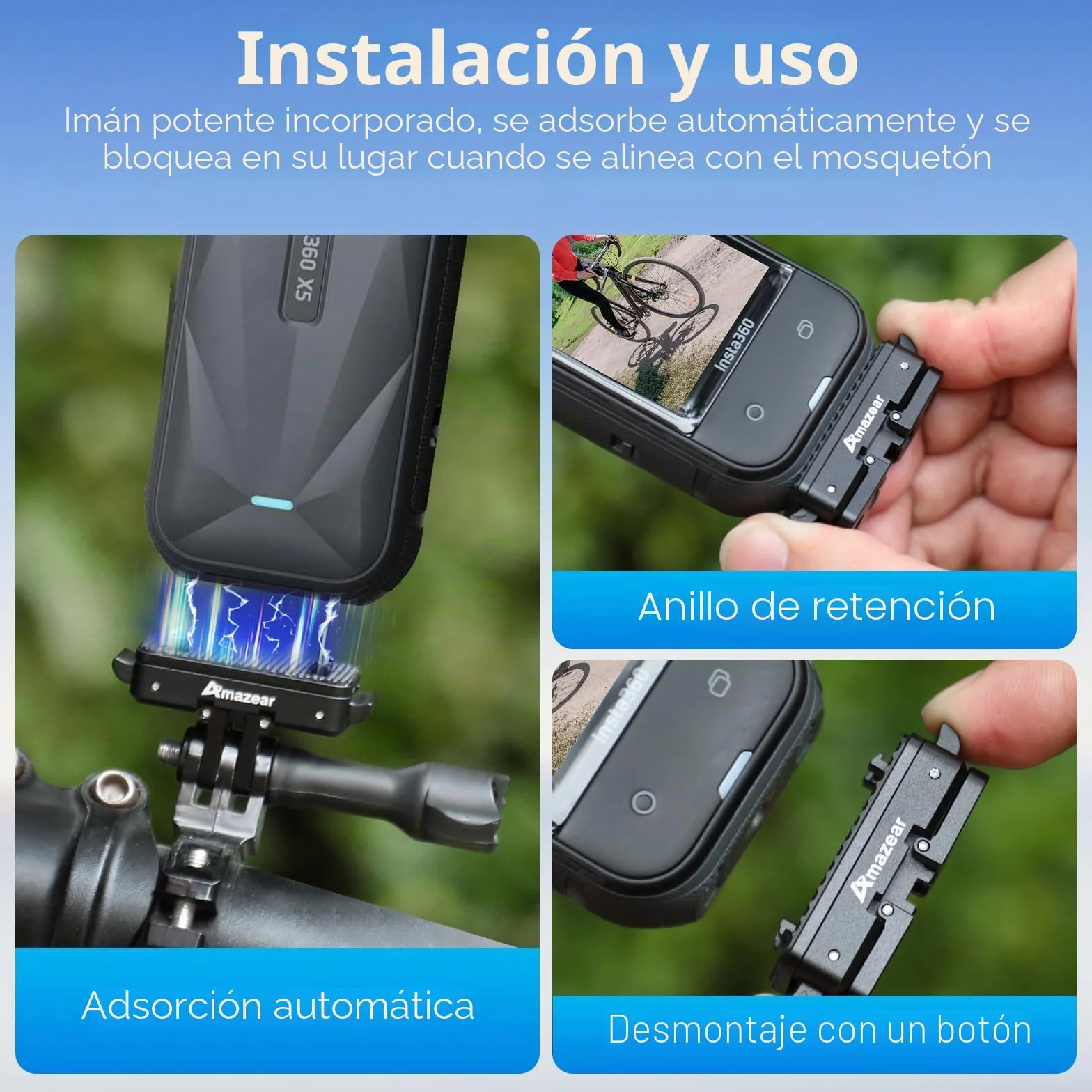 AMAZEAR Soporte magnético de liberación rápida para Accesorios de Aire Insta360 X5 X4 Air, Adaptador QR de aleación de Aluminio Insta 360 X5 / Ace Pro 2 con Go-Pro y Montaje roscado de 1/10.2 cm-20