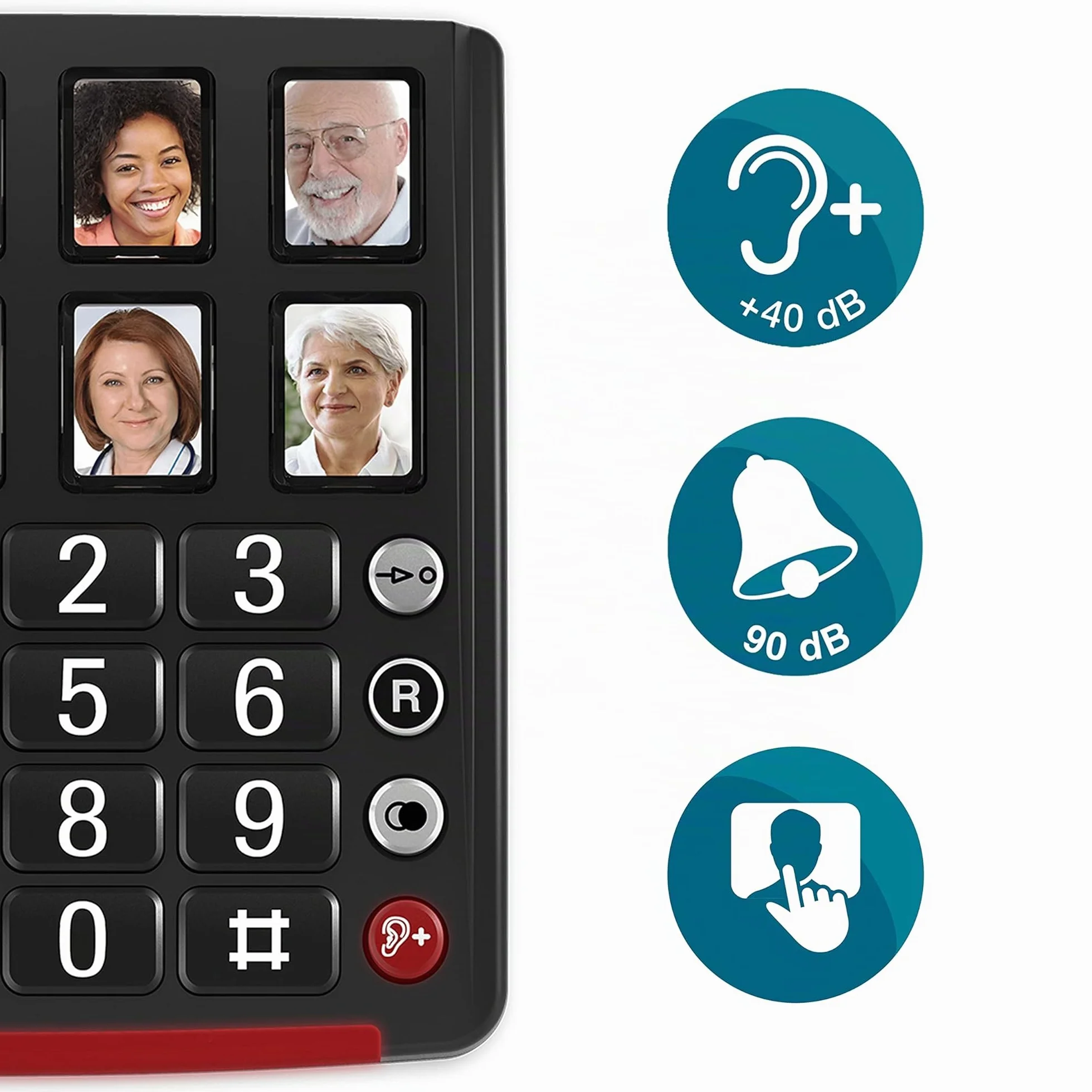 Amplicomms BigTel 40 Plus, Teléfono con Botón Grande con Cable, Seis Botones de Marcación Directa con Foto, Audio Boost 40dB, Tonos de Llamada Extra Fuertes, Compatible con Audífonos