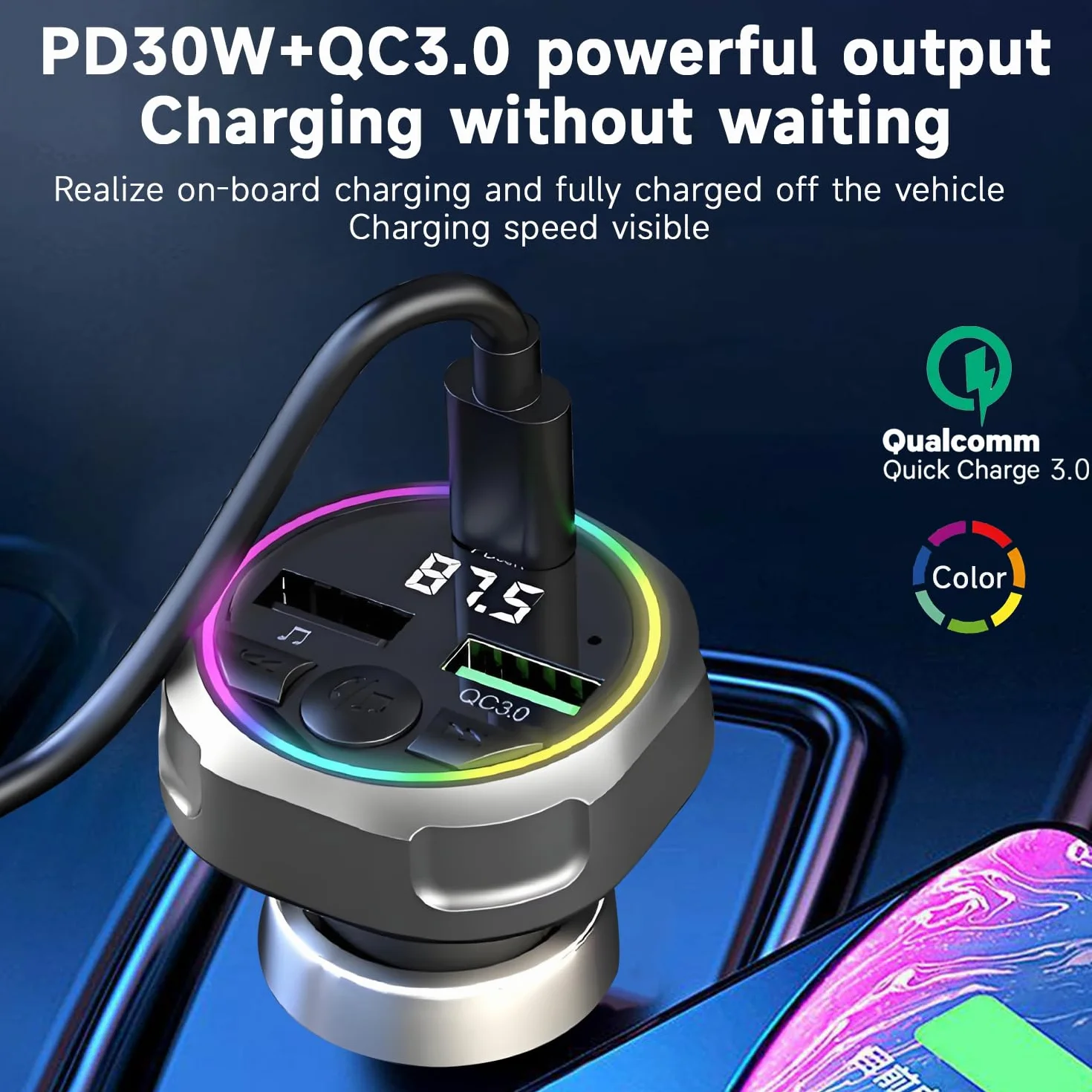 Qumox Transmisor FM Bluetooth 5.3 para Coche, Cargador PD 30W + QC3.0, Luz Ambiental RGB, Puertos USB Dobles, Manos Libres, Audio Hi-Fi, Compatible con iPhone/Samsung/Todo Tipo de Vehículos