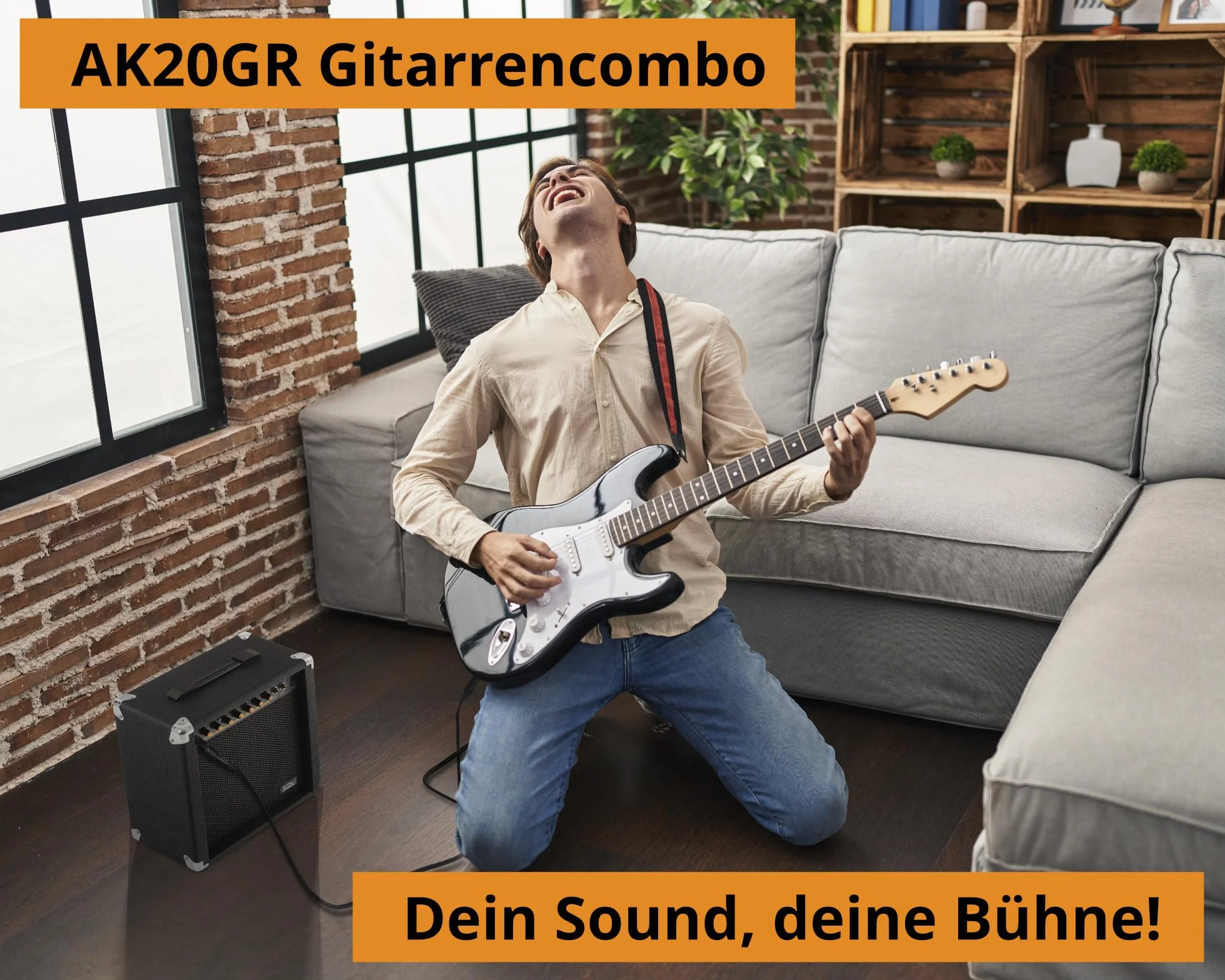 Amplificador de Guitarra Soundking AK20-GR 60W, Ecualizador 3 Bandas, Altavoz 8", 2 Canales (Limpio y Overdrive), Salida Auriculares, conexión Altavoz, Esquinas Protectoras Resistentes.