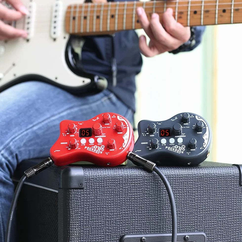Procesador multiefectos para guitarra con efectos de pedal, 15 tipos de efectos, 40 funciones de sintonización, ritmos de batería con adaptador de alimentación