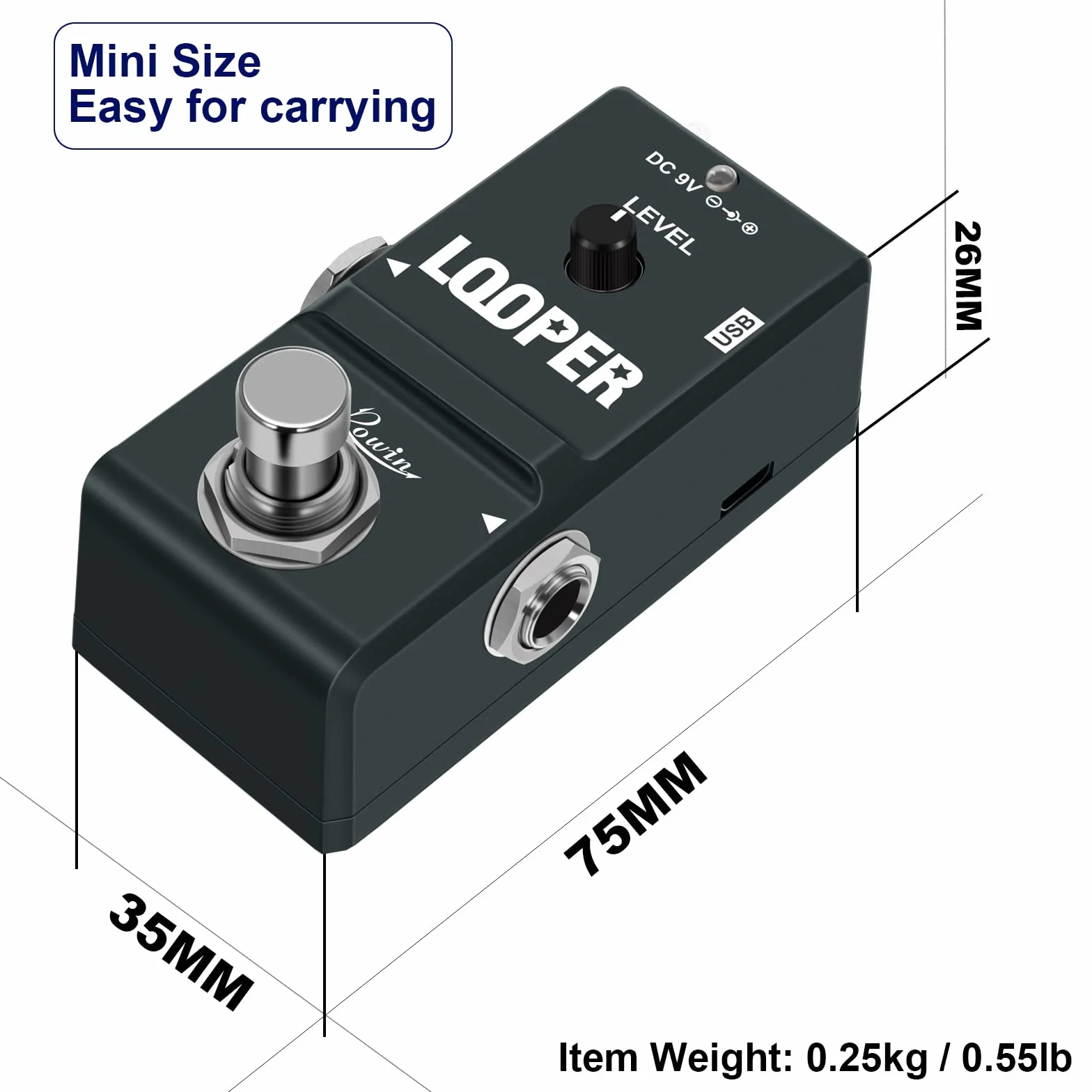 Rowin Tiny Looper - Pedal de guitarra con cable USB, bucle de grabación de 10 minutos Staion Unlimited Overdubs para guitarra eléctrica y bajo (LN-332)