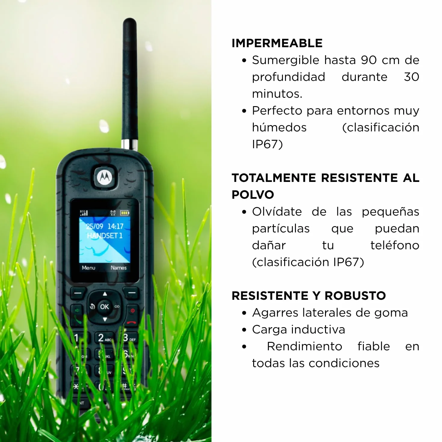 Motorola - O201 Teléfono Fijo Inalámbrico DECT, Identificador de Llamadas, Retroiluminación, Agenda 200 Números, Largo Alcance, Manos Libres, Ideal para Uso Exterior, Negro
