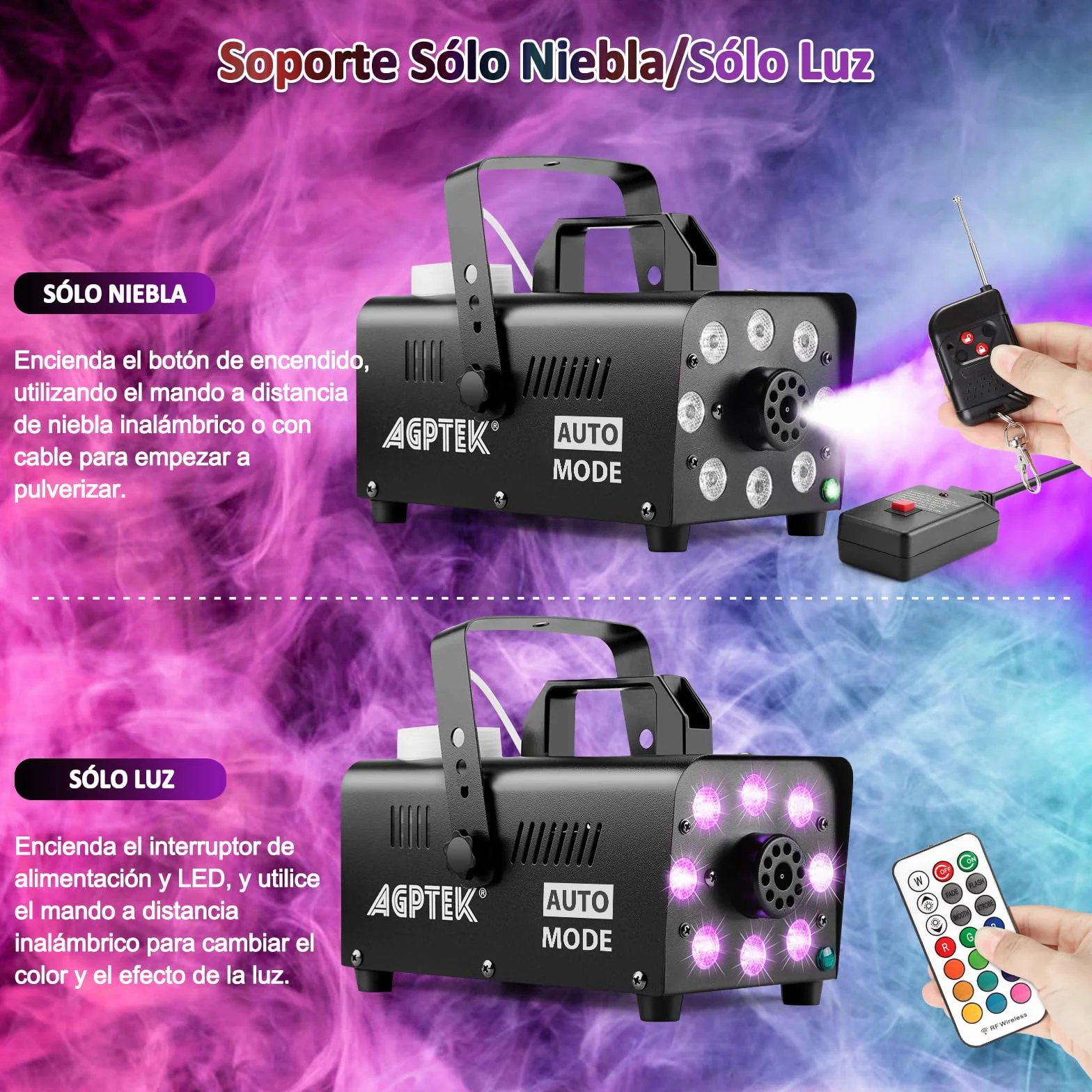 AGPtEK Máquina de Humo con 8 LED y 13 Colores de luces LED, Efectos RGB, Funcionamiento Separado con 2 controles remotos con cable e inalámbricos, para Fiestas Navidad, Bodas,Escenarios,Discoteca,DJ