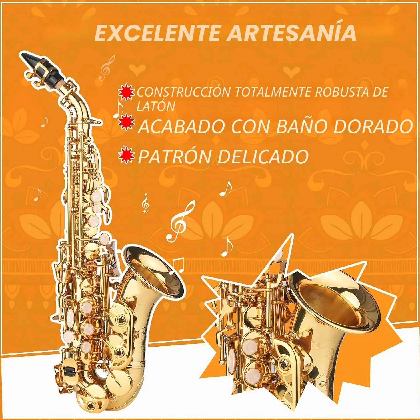 Saxofón Soprano BB Saxofón de latón Lacado en Oro con Estuche para Instrumentos Boquilla Correa para el Cuello Paño de Limpieza Cepillo para músicos Principiantes,saxófono