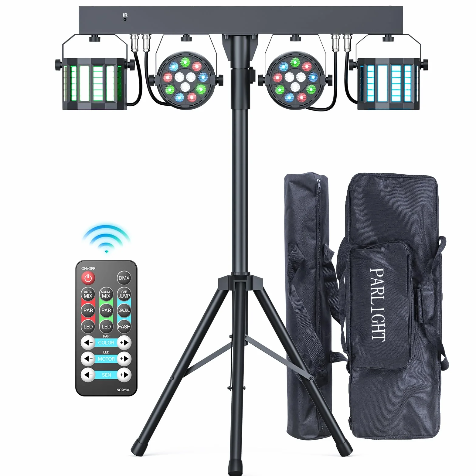 60W RGBW+Derby DMX Par LED dj luz discoteca con y soporte con control remoto, Iluminación de escenario con trípode ajustable para conciertos, bodas, cumpleaños, Halloween- con bolsa