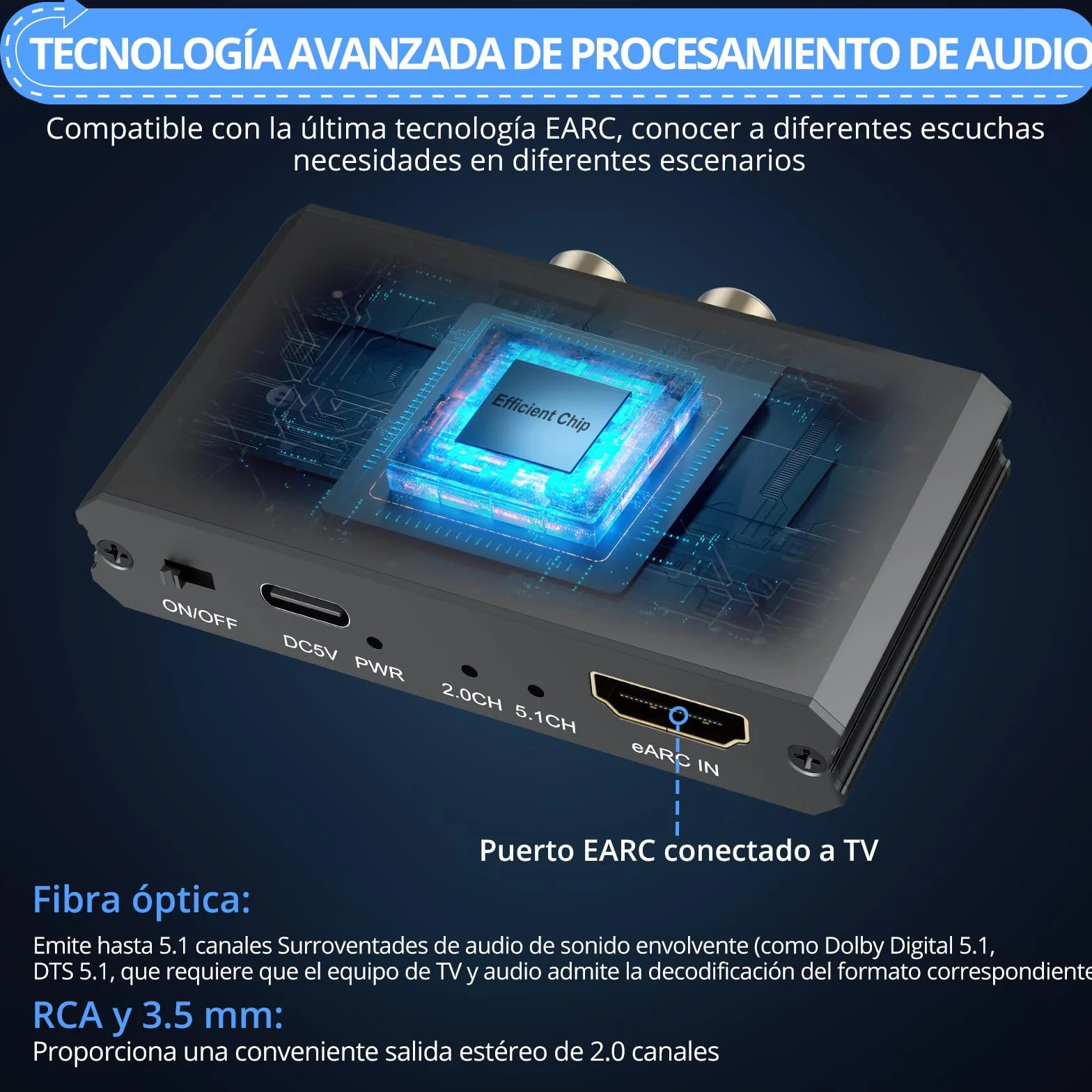 CAMWAY Extractor de Audio eARC/ARC, Adaptador eARC/ARC a Óptico+RCA+3.5m,Compatible con Sonido 5.1/2.0 Canales, con Cable Óptico y HDMI, para Sistemas de Cine en Casa/Amplificadores/Barra de sonido