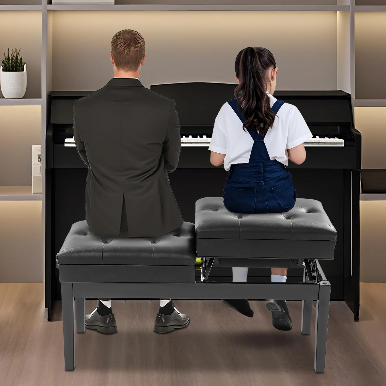 Banco de piano de doble plaza, 108 x 39 x 48 cm, altura regulable para 2 personas, soporta 200 kg, silla de piano con espacio para el hogar, escuelas, conciertos (negro)