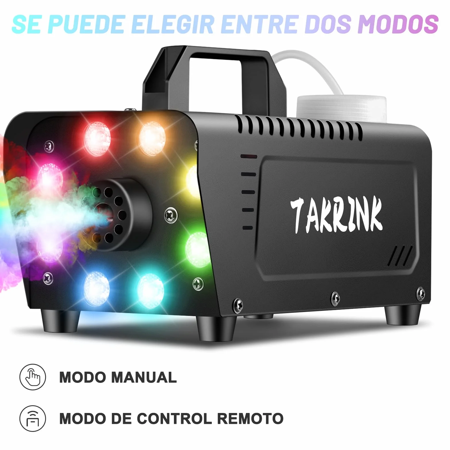 TAKRINK Máquina de Humo 900W con 8 Luces LED RGB de 16 Colores Control Remoto Inalámbrico y Niebla Automática Fog Machine Portátil para Fiestas Bodas Discotecas DJ y Eventos Especiales