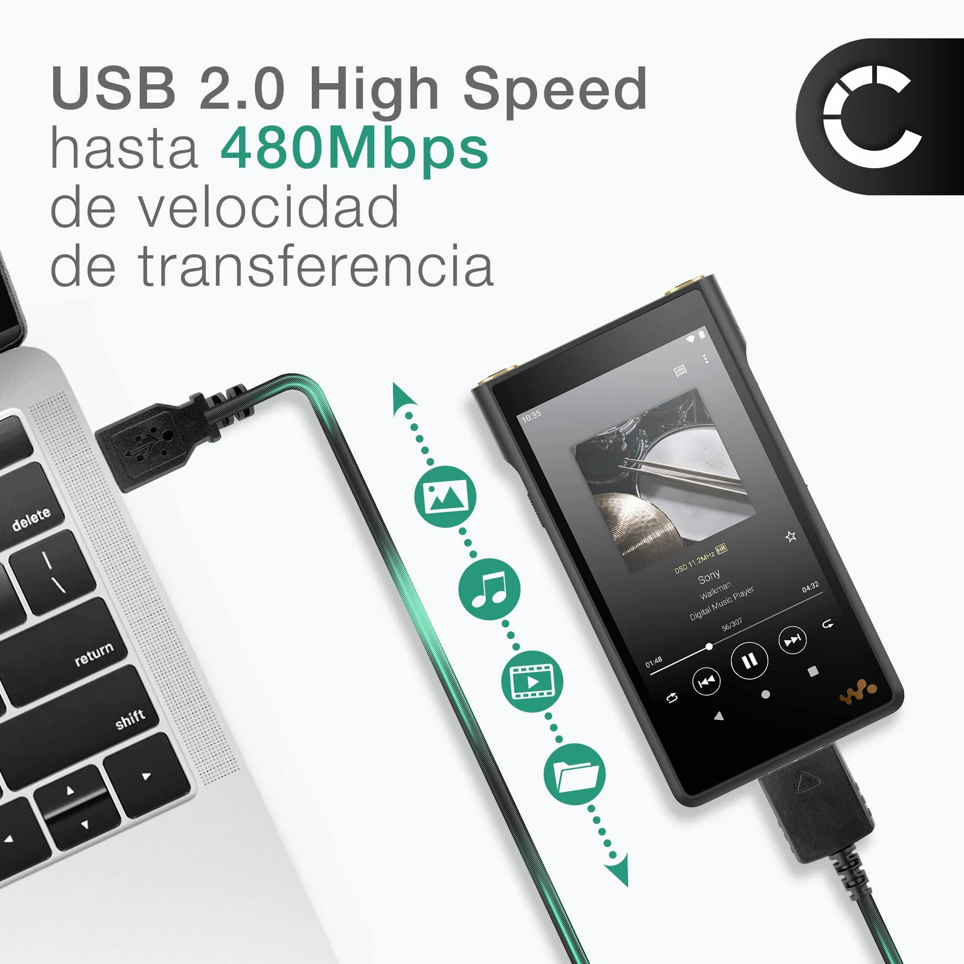 subtel WMC-NW20MU Cable de datos USB 2.0 para reproductor MP3 1m negro compatible con Sony Walkman NW-A55L NWZ-ZX2, NWZ-A15, A10, NWZ-A816, A818 Cable Carga 1A Conector Walkman a USB A