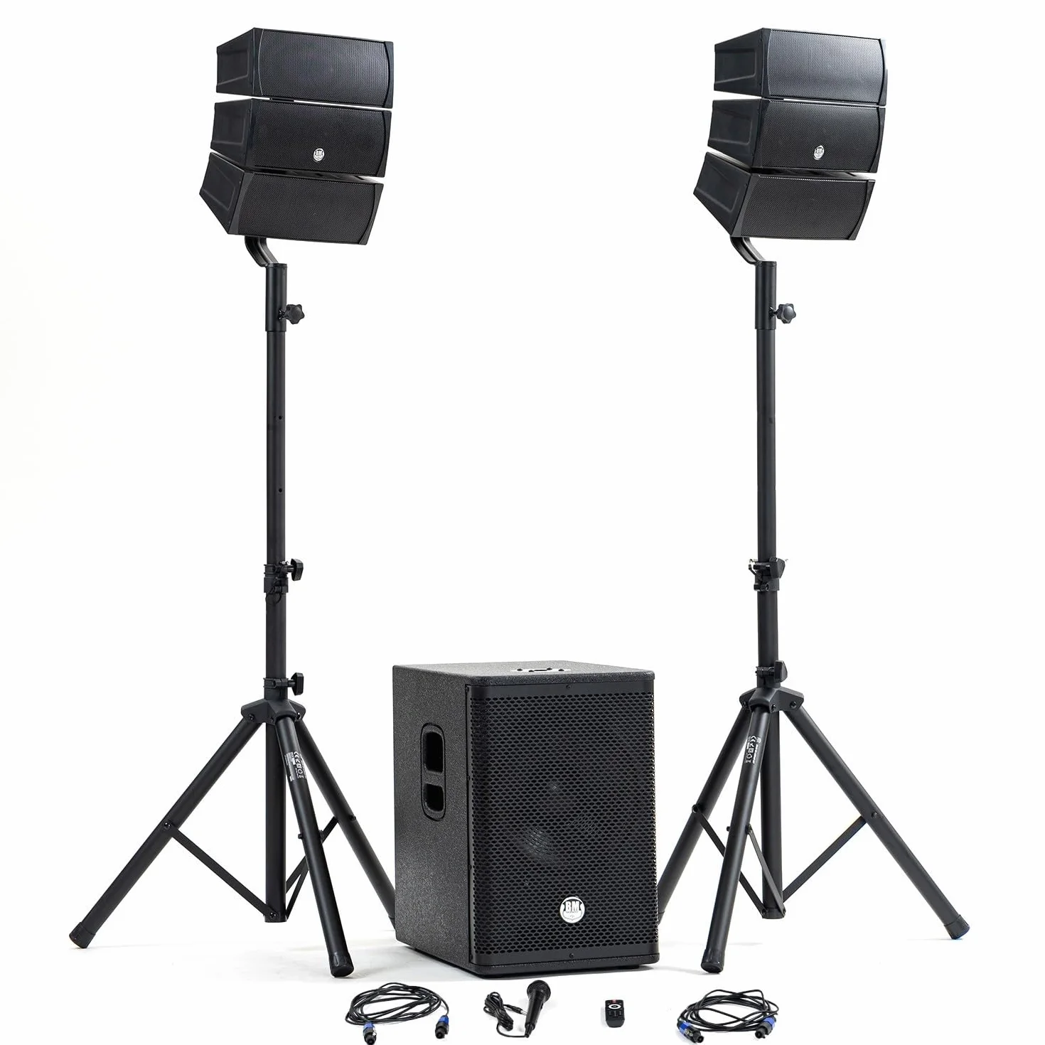 Pack de sonido DJ completo BM Bmsonic BMS-12-ARRAY-BT MKII, 1000W, altavoces Sat, caja de 31 cm USB/Bluetooth, soportes para cables