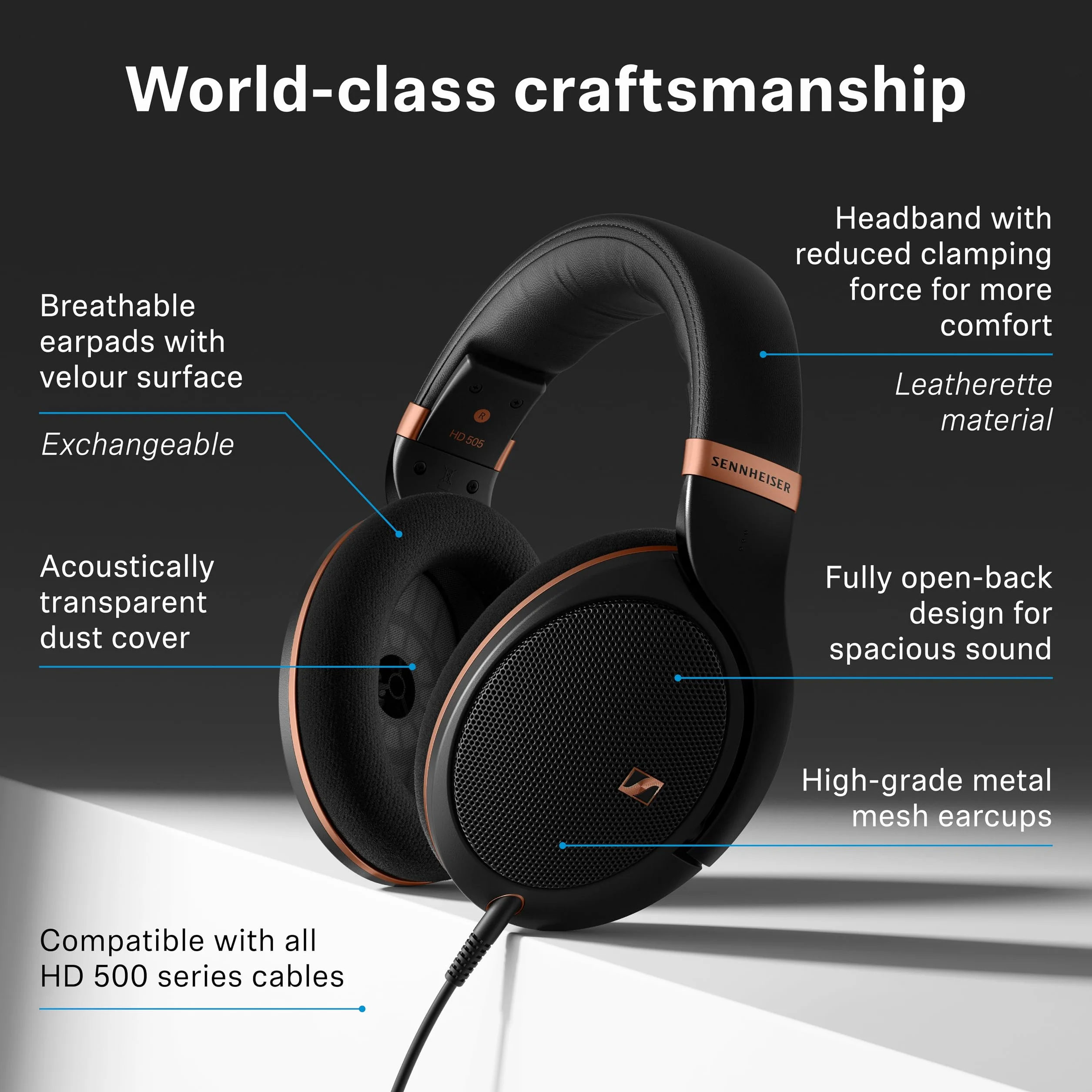 Auriculares con Cable Sennheiser HD 505 SE - Auriculares circumaurales con Sonido y Graves, Diadema más cómoda para Escuchar música - Cable de 1,8m, Funda con cordón - Edición Cobre