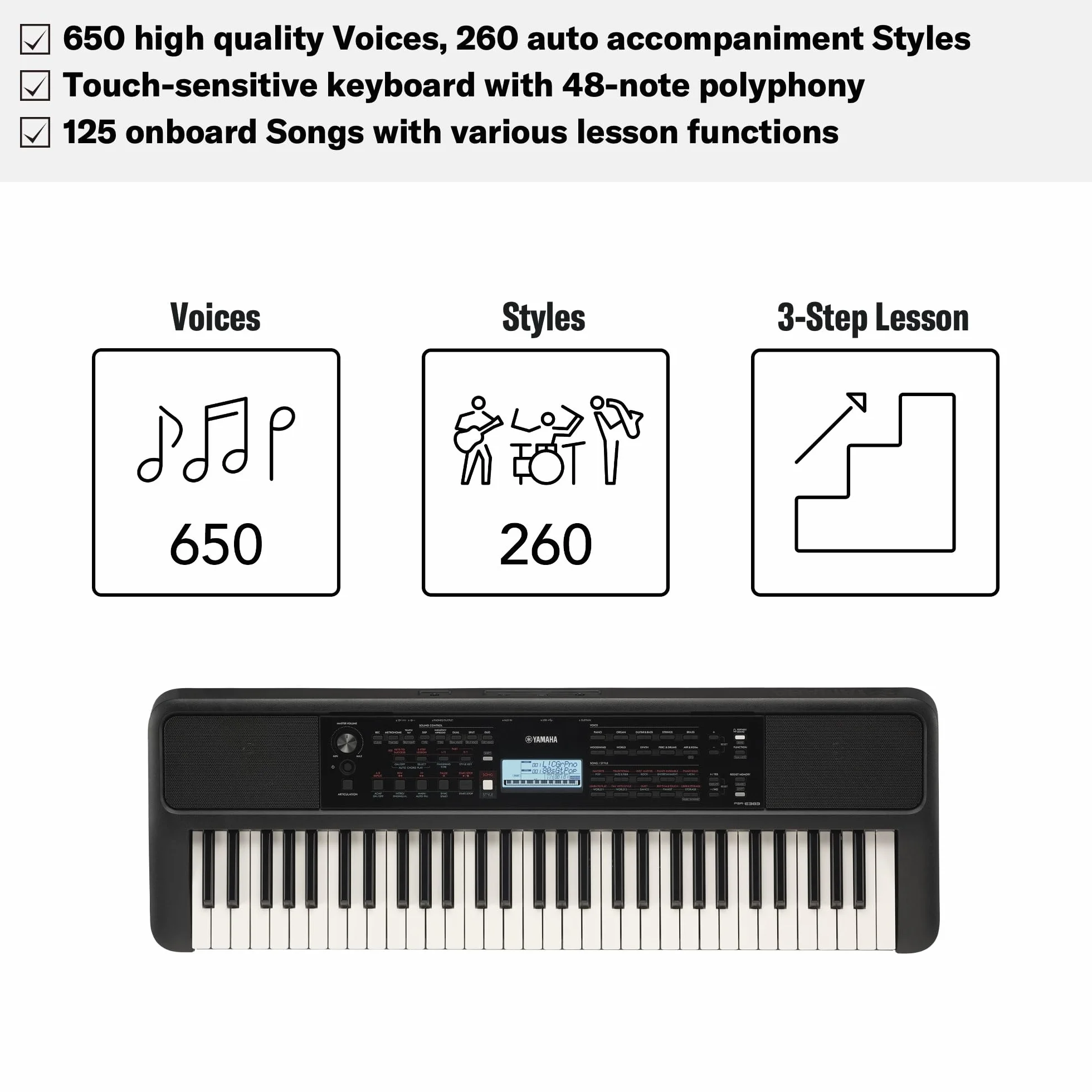 YAMAHA PSR-E383 Teclado portátil para principiantes, 650 voces de instrumentos auténticos y teclas sensibles a la pulsación con polifonía de 48 notas, incluye 2 clases online con un profesor
