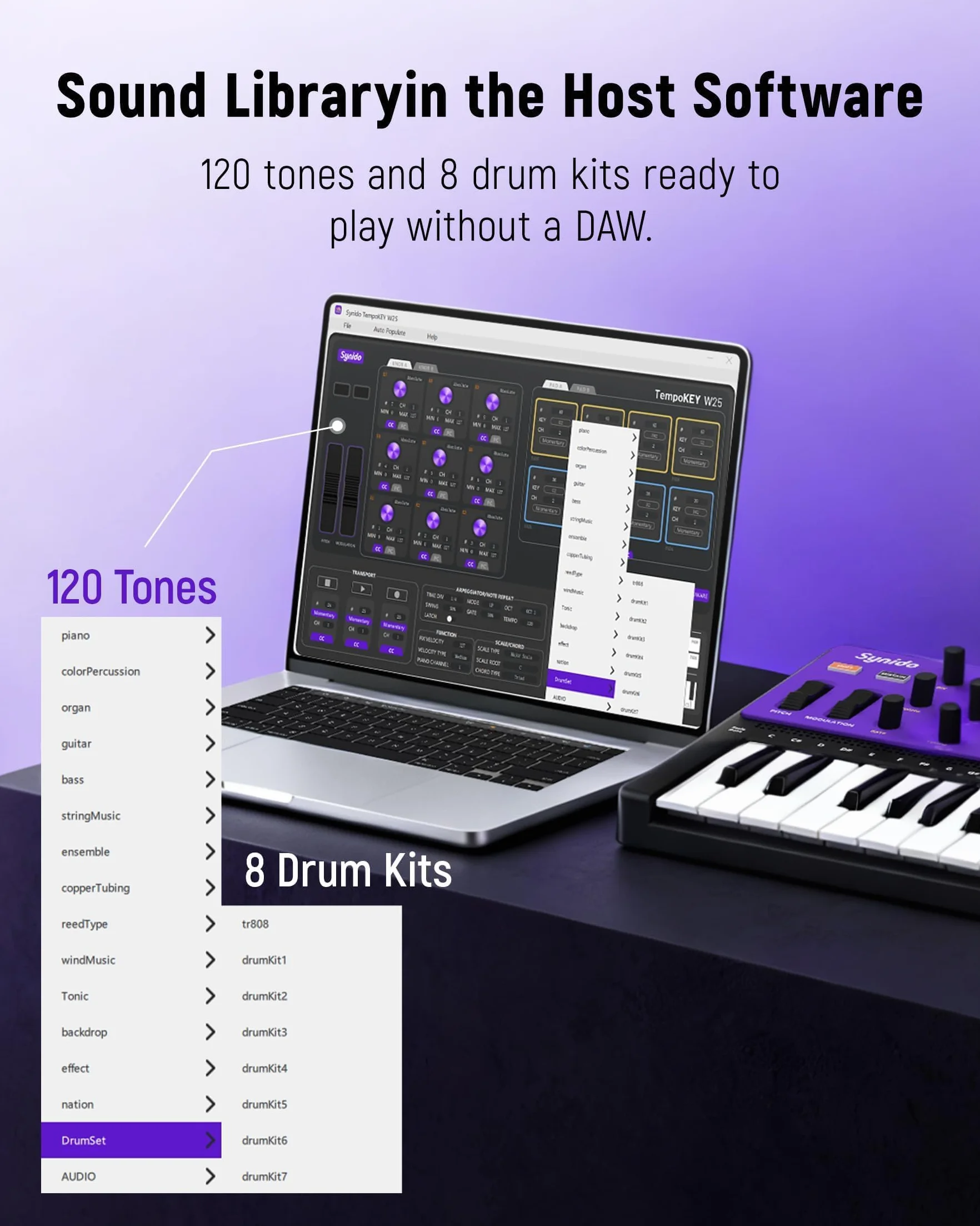 Synido TempoKEY W25 - Teclado controlador USB C MIDI de 25 teclas, conexión inalámbrica recargable con 8 almohadillas RGB de velocidad, pantalla OLED, entrada/salida/pasante, teclado MIDI profesional