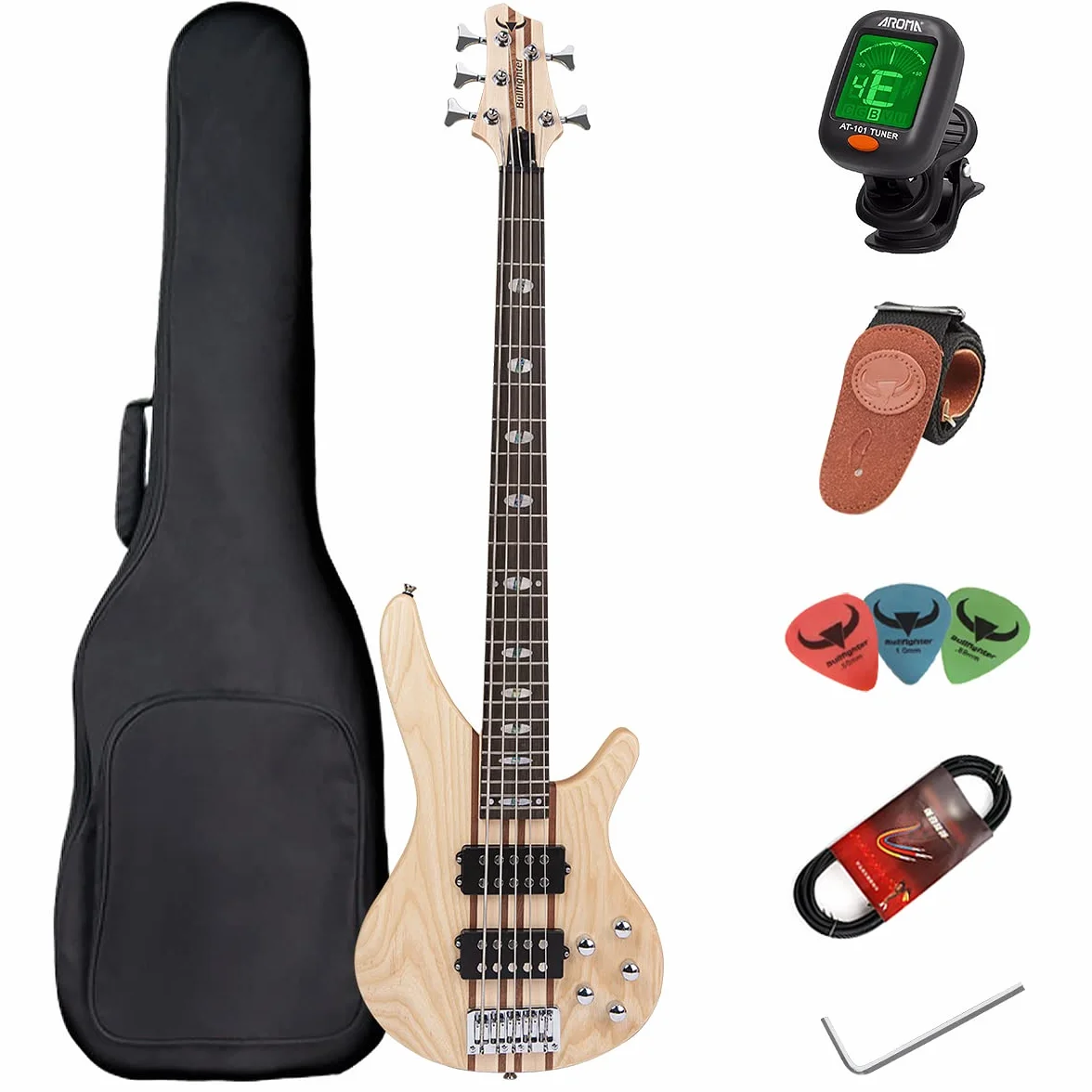 Bajo eléctrico 5 cuerdas de tamaño completo P bass kit para principiantes negro con bolsa de concierto, correa de guitarra y cable de guitarra (5s)